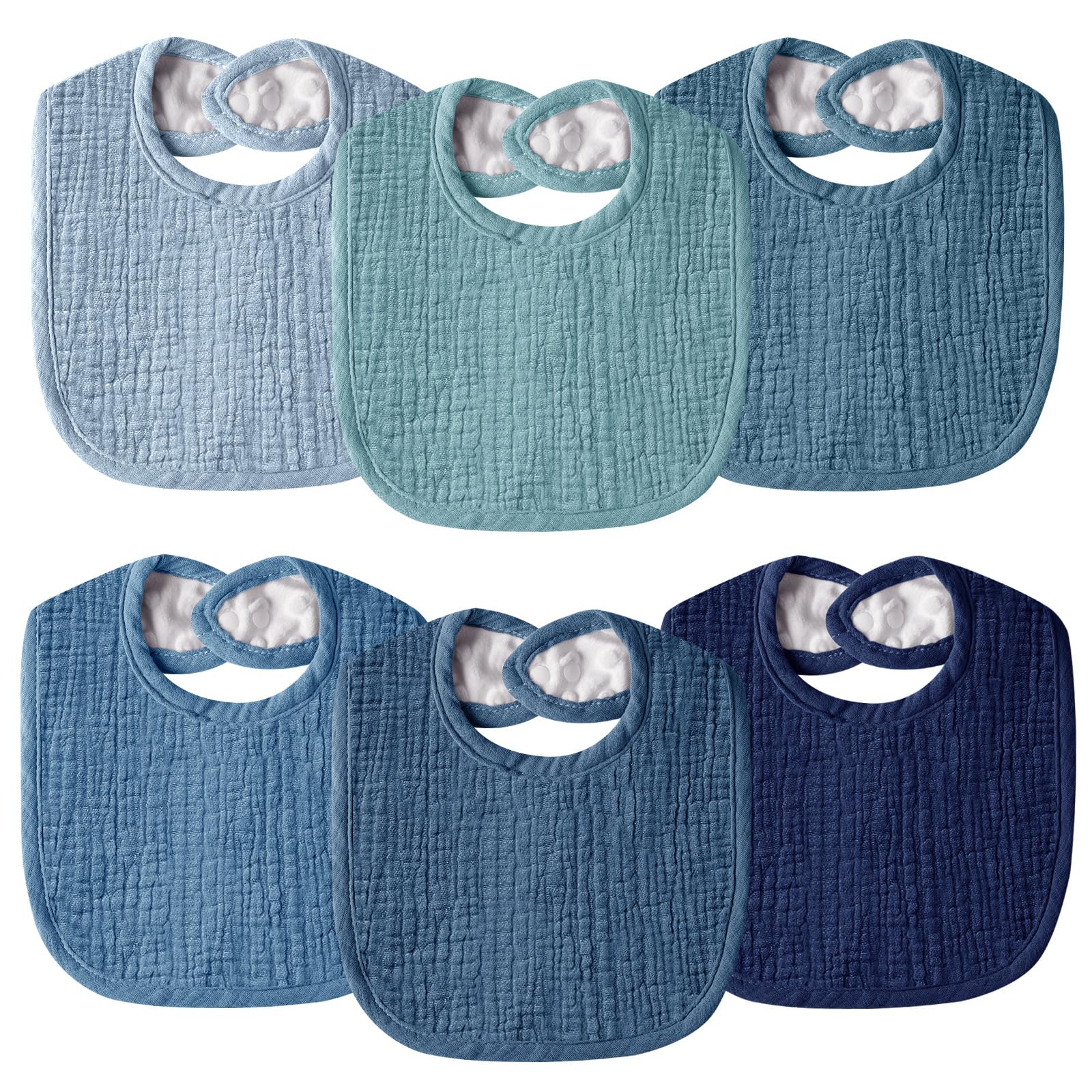 Wrrernsin muslin bib front view; organic cotton absorbs drool effectively.
