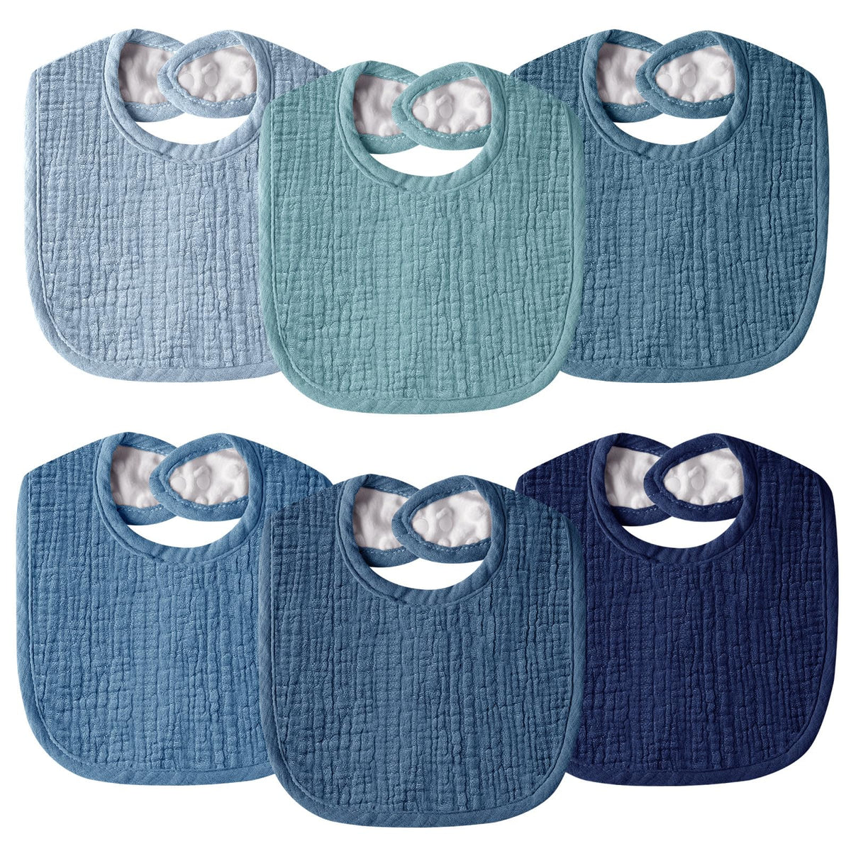 Wrrernsin muslin bib front view; organic cotton absorbs drool effectively.