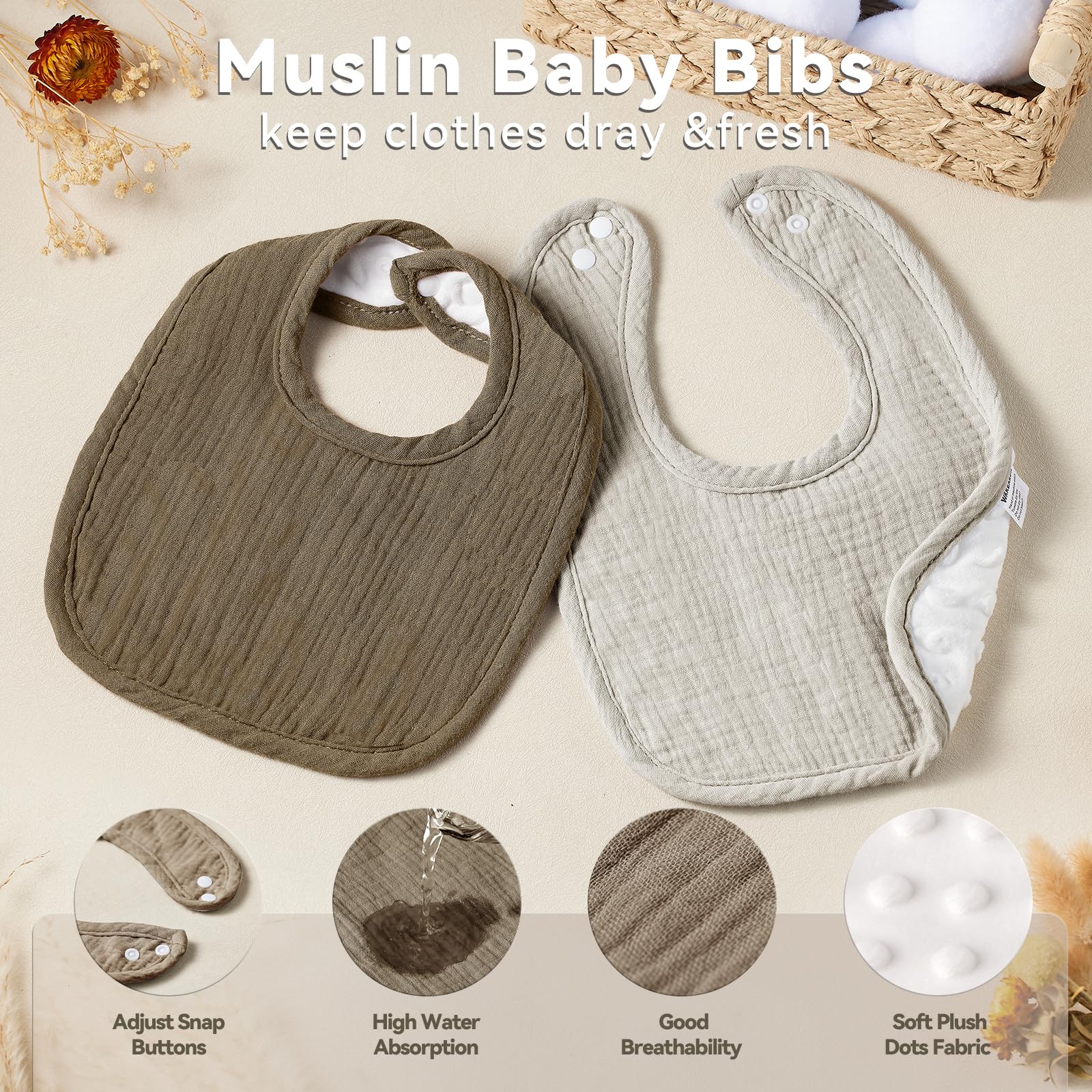 Wrrernsin muslin baby bib with nickel-free snaps for a comfortable adjustable fit
