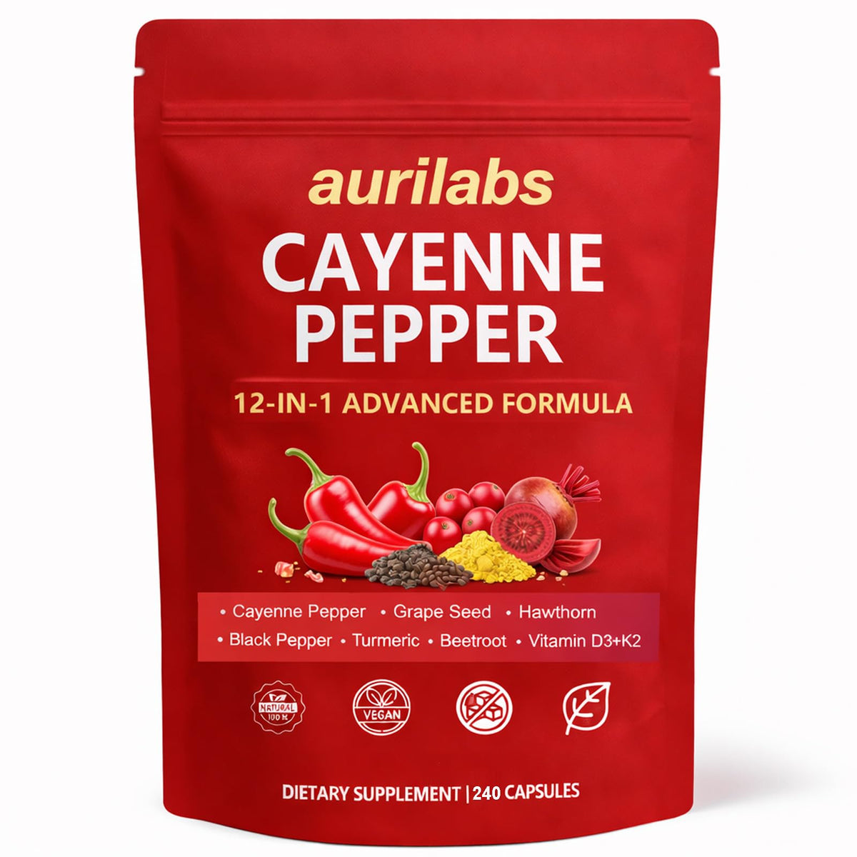 WSJAWH Aurilabs Cayenne softgels bottle front for daily circulation support.