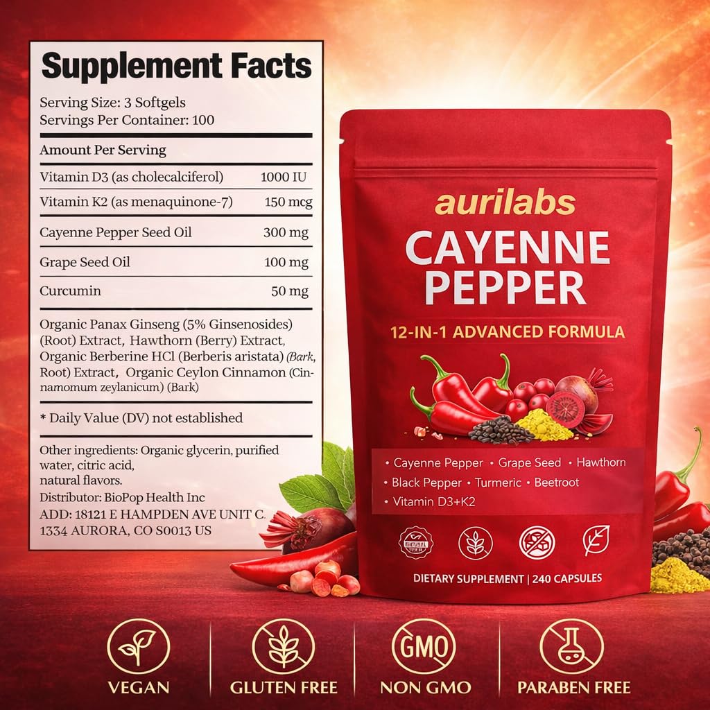 Close-up of cayenne softgels emphasizing easy daily intake by WSJAWH Aurilabs.