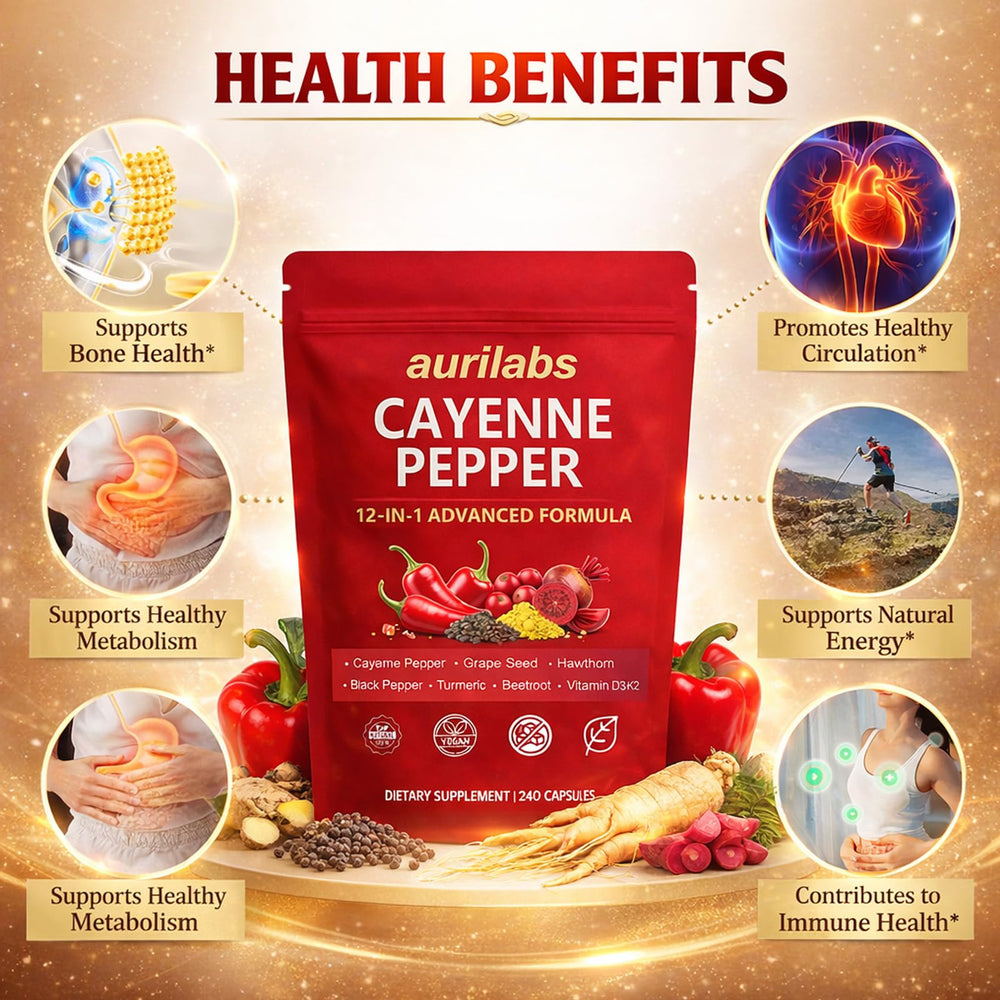 Beet root and botanicals visualizing nitric oxide support in Aurilabs Cayenne softgels.