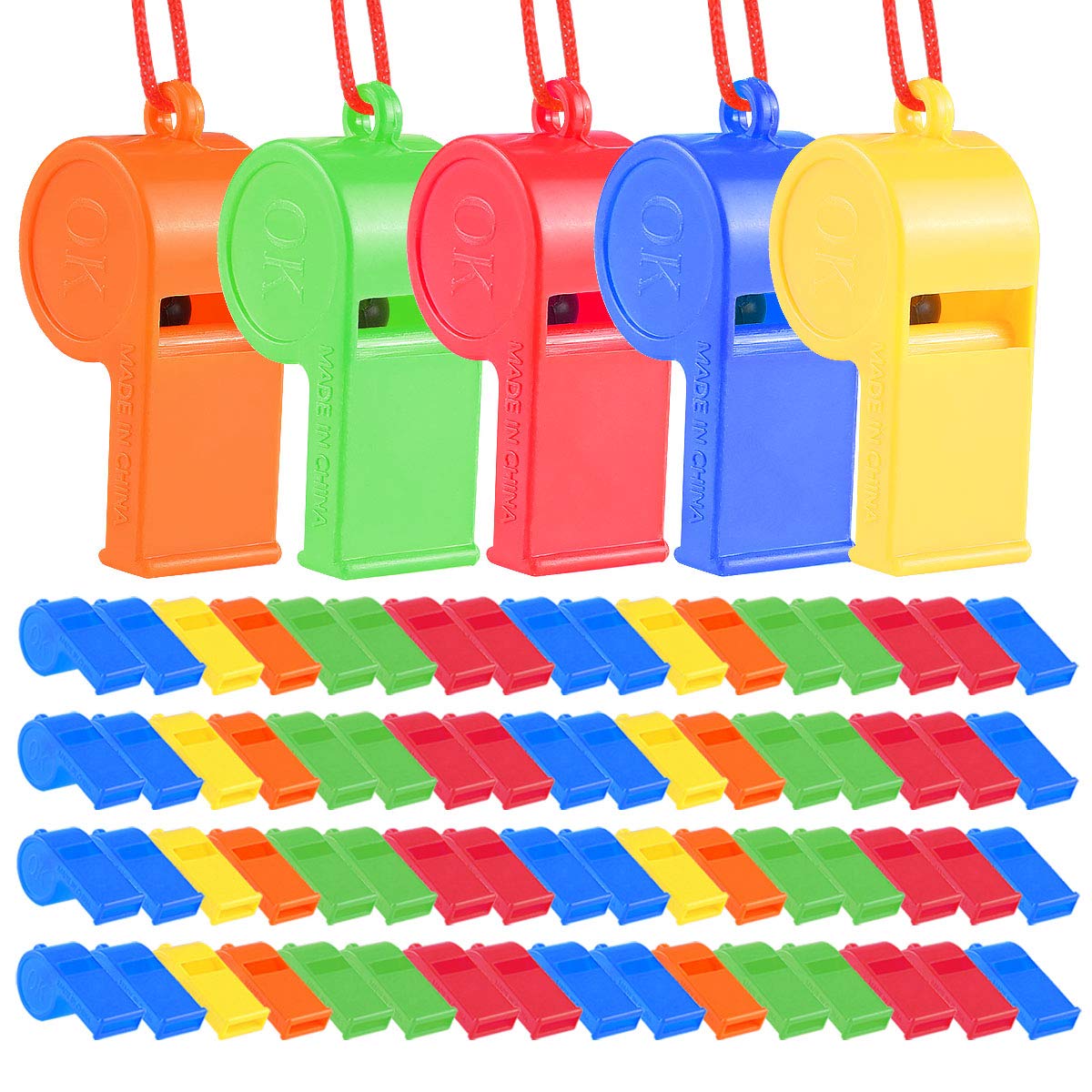 WSYUB 72Pcs plastic whistles pack with lanyards for party favors and games.