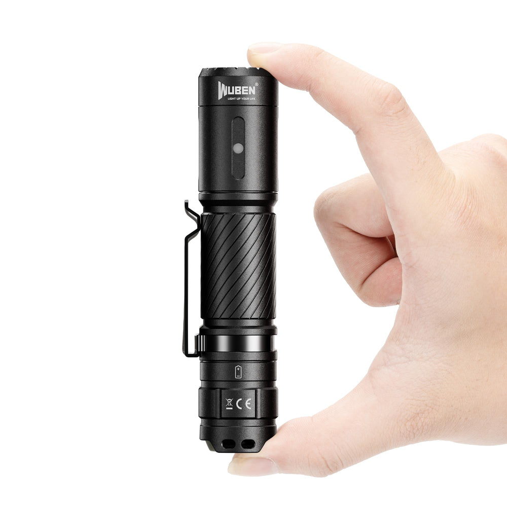 Wuben C3 flashlight head closeup for crisp beam visibility during outdoor camping