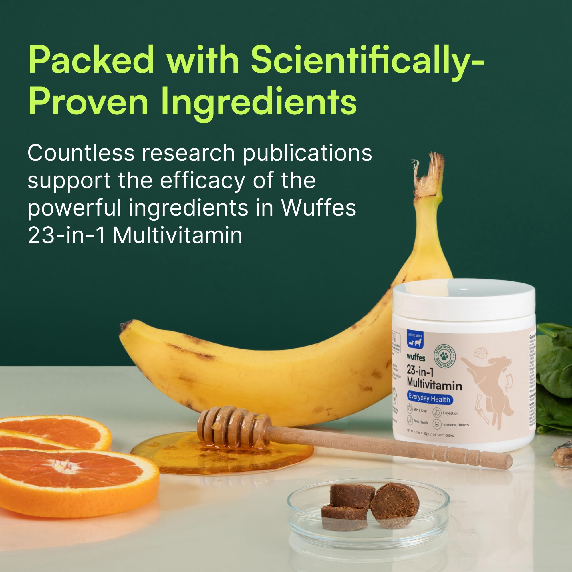 Wuffes soft chews close-up highlight tasty, easy-to-take support for senior dogs and puppies.
