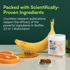 Wuffes soft chews close-up highlight tasty, easy-to-take support for senior dogs and puppies.