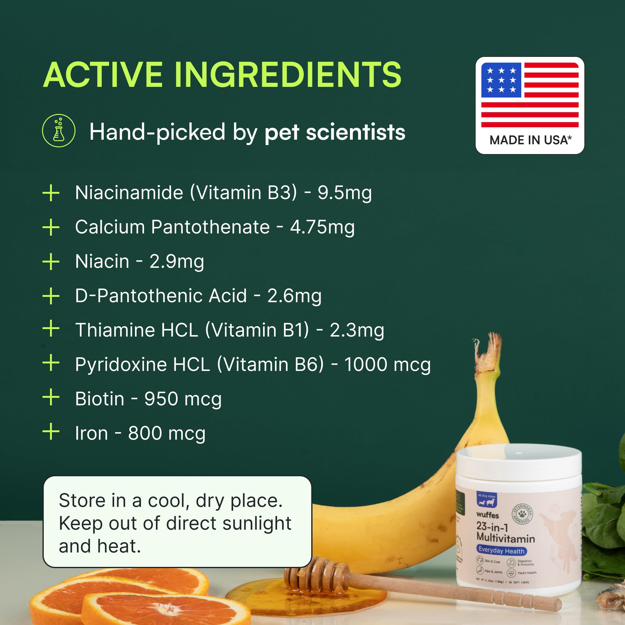 Ingredients panel on Wuffes bottle showcasing vitamins, minerals, and omega-3 sources