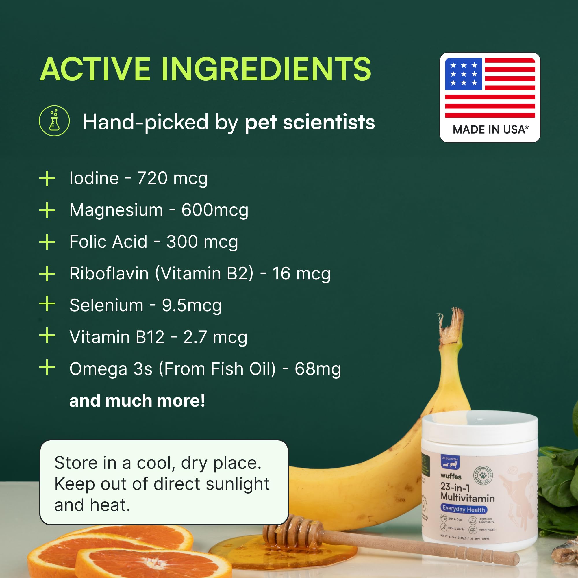 Wuffes 23-in-1 multivitamin made in the USA badge on label for quality assurance