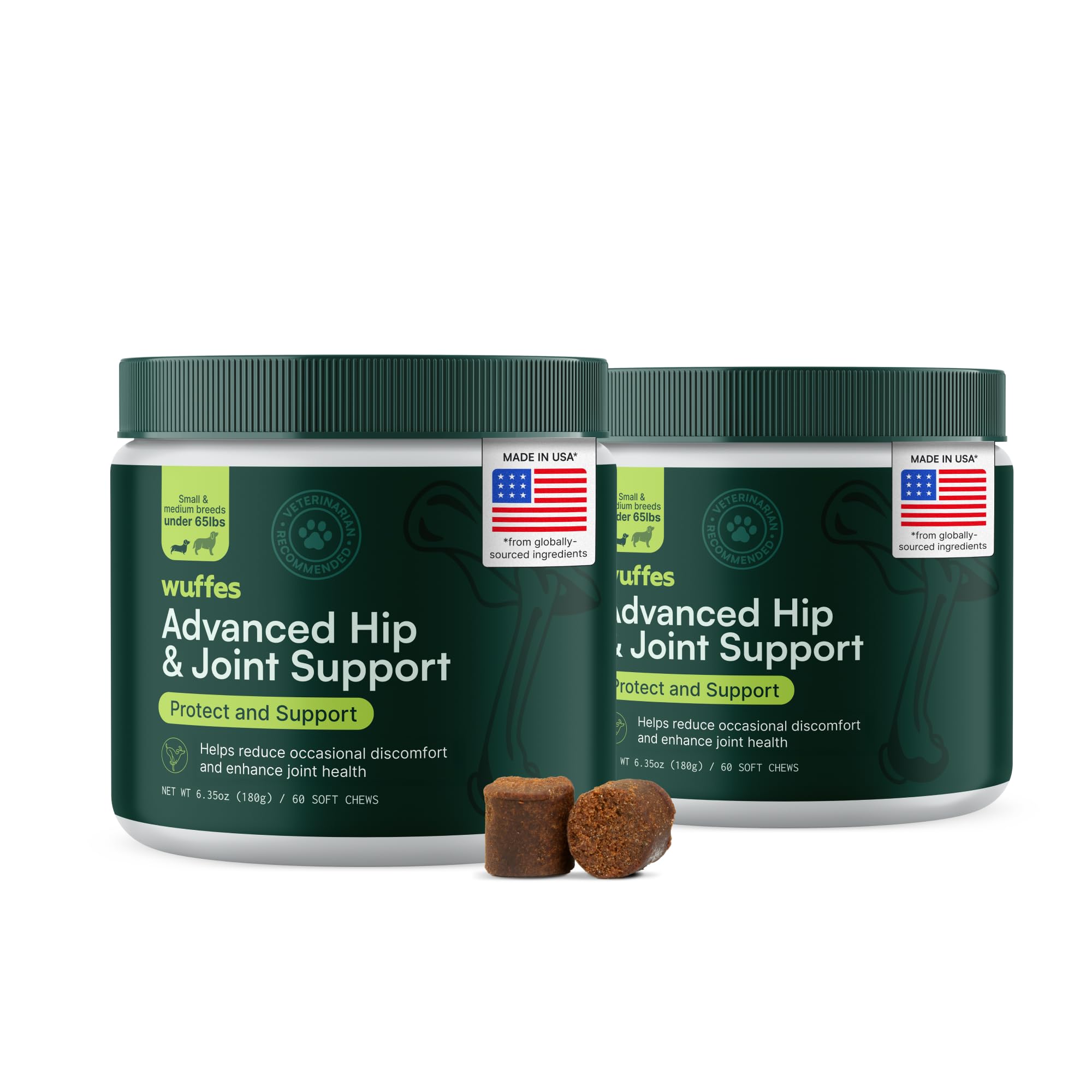 Wuffes Advanced Hip Joint chews packaging image for small dogs.