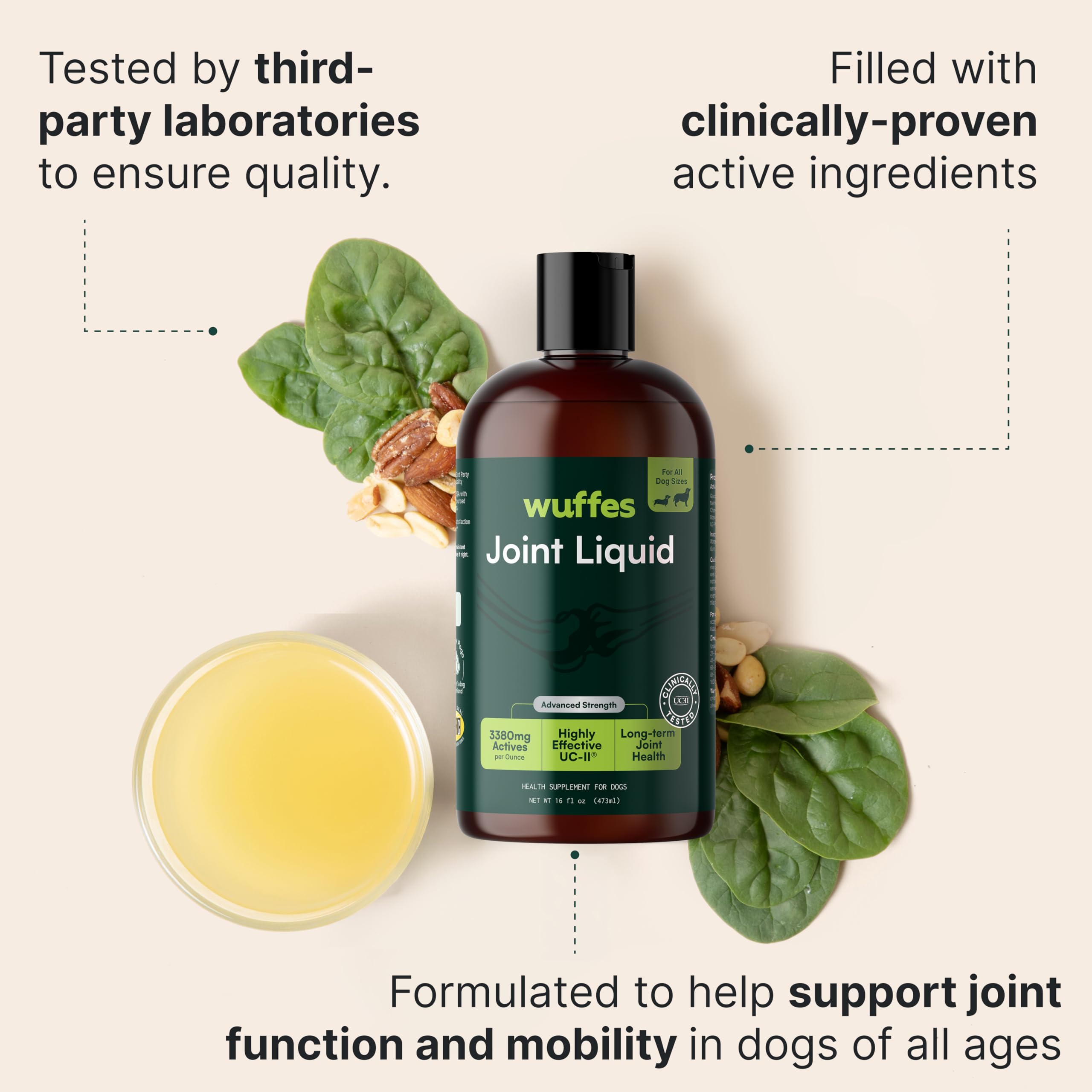 Close-up of glucosamine and related ingredients in Wuffes Joint Liquid