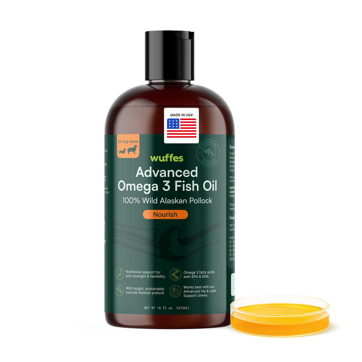 Wuffes Advanced Omega-3 dog oil bottle supports healthy skin and coat shine.