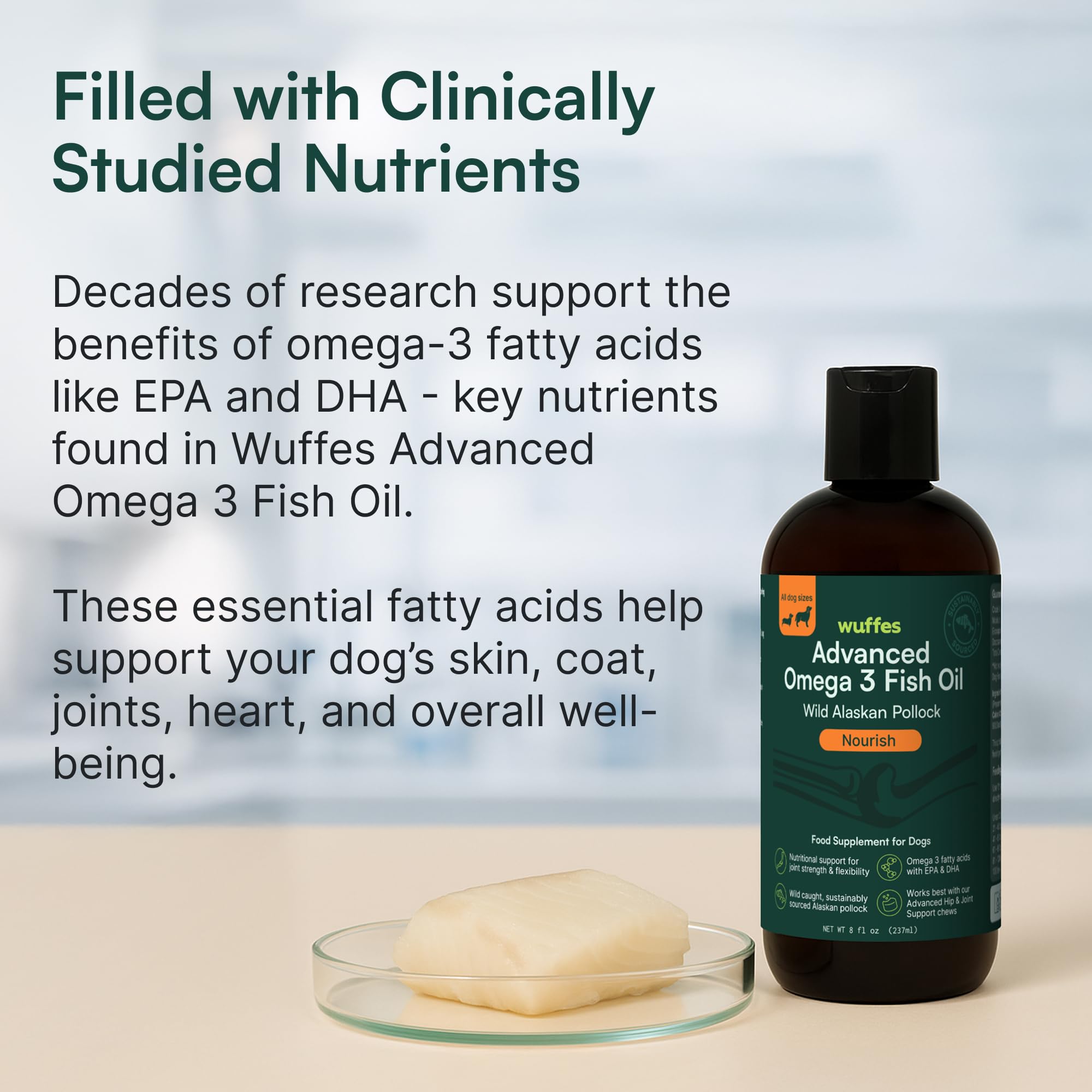 Wuffes Advanced Omega-3 label communicates natural, sustainable sourcing for your dog's health.