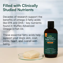Wuffes Advanced Omega-3 label communicates natural, sustainable sourcing for your dog's health.