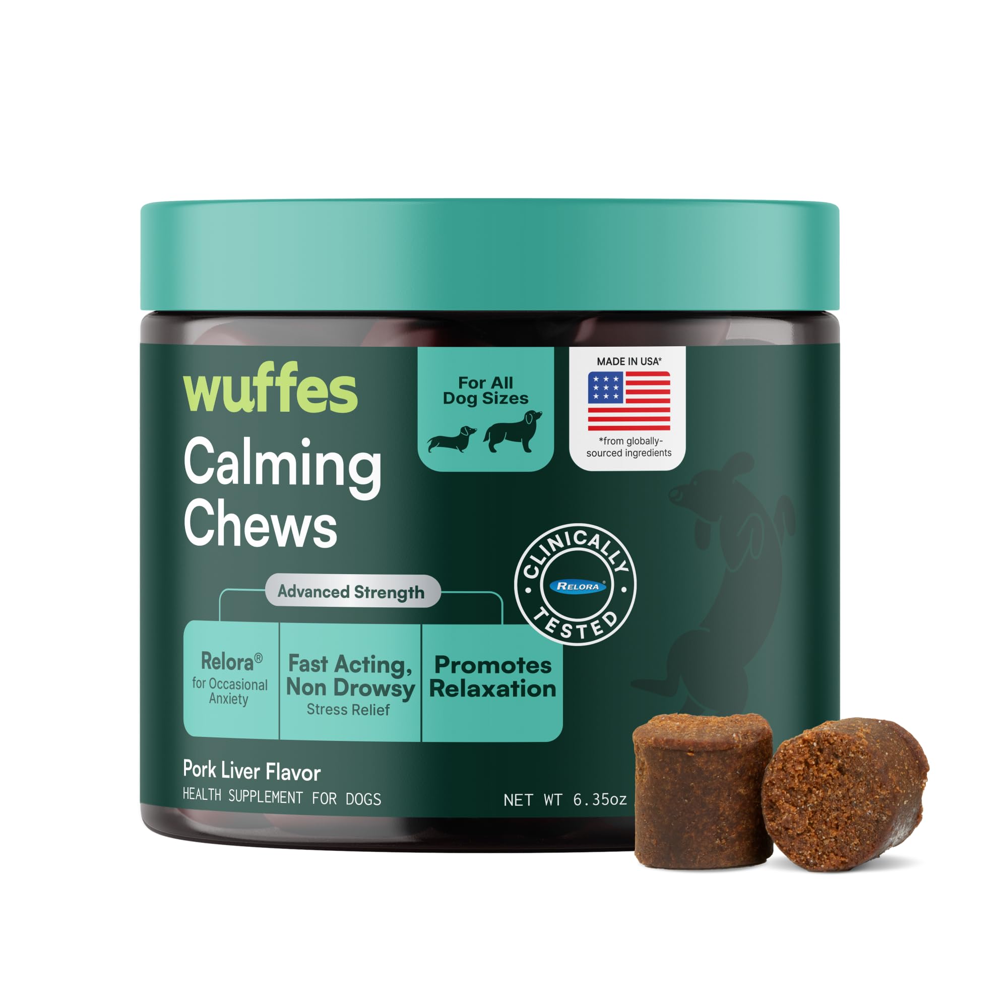 Wuffes Calming Soft Chews bottle for dogs supports calm behavior during storms.