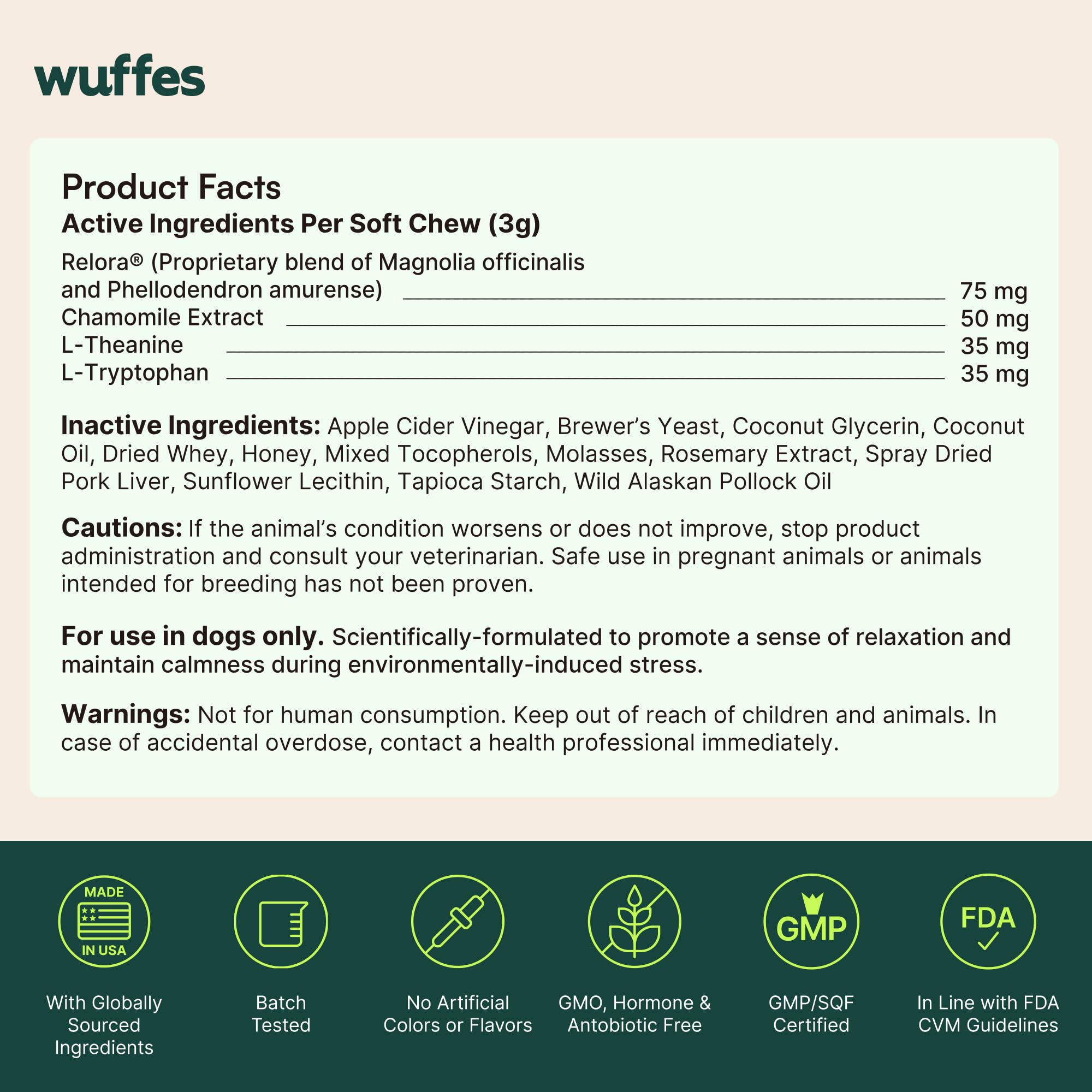 Wuffes Calming Soft Chews packaging bag keeps chews fresh.