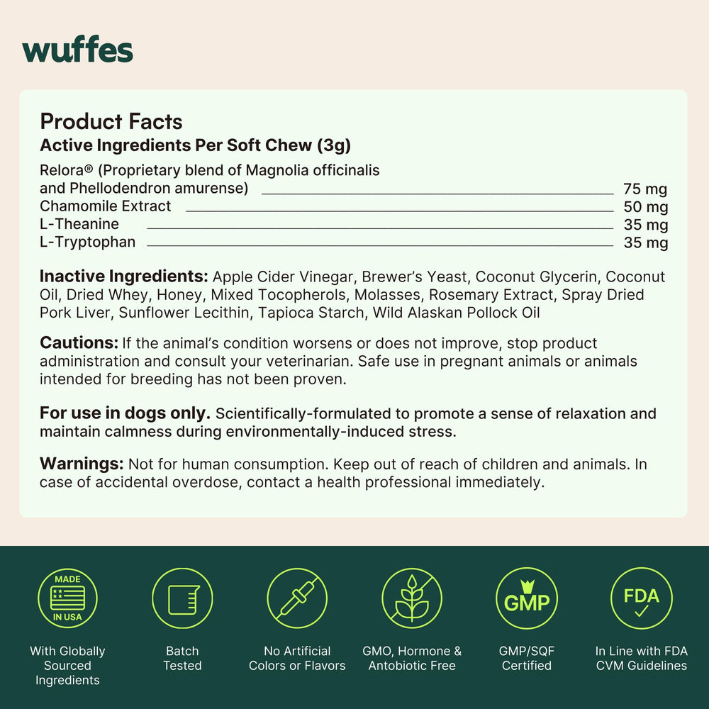 Wuffes Calming Soft Chews packaging bag keeps chews fresh.