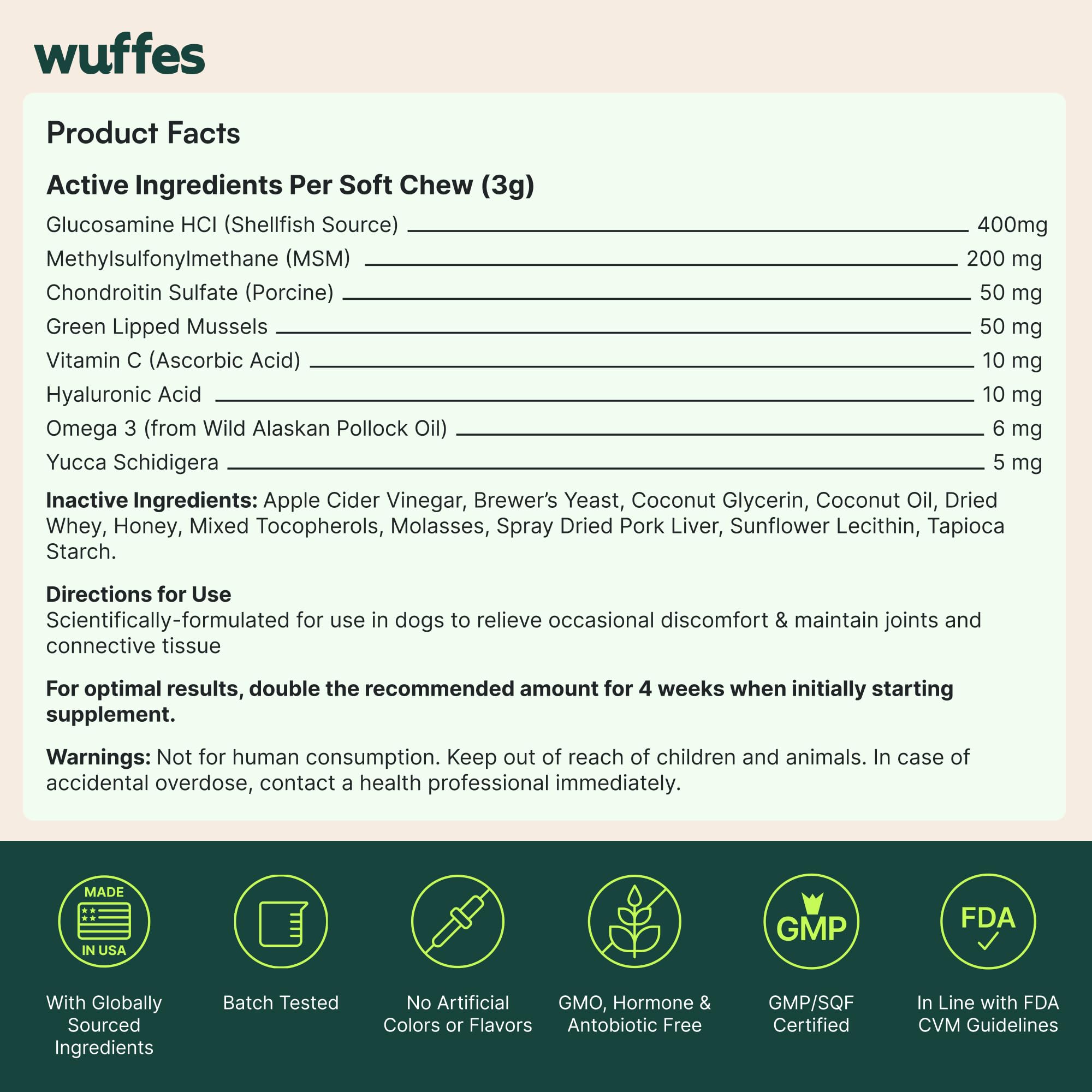 Wuffes extended joint care bottle emphasizes long-term care for aging dogs.