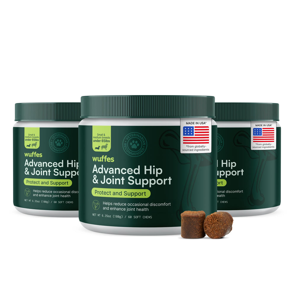 Wuffes Hip & Joint Chews bottle for easy daily joint support in dogs.