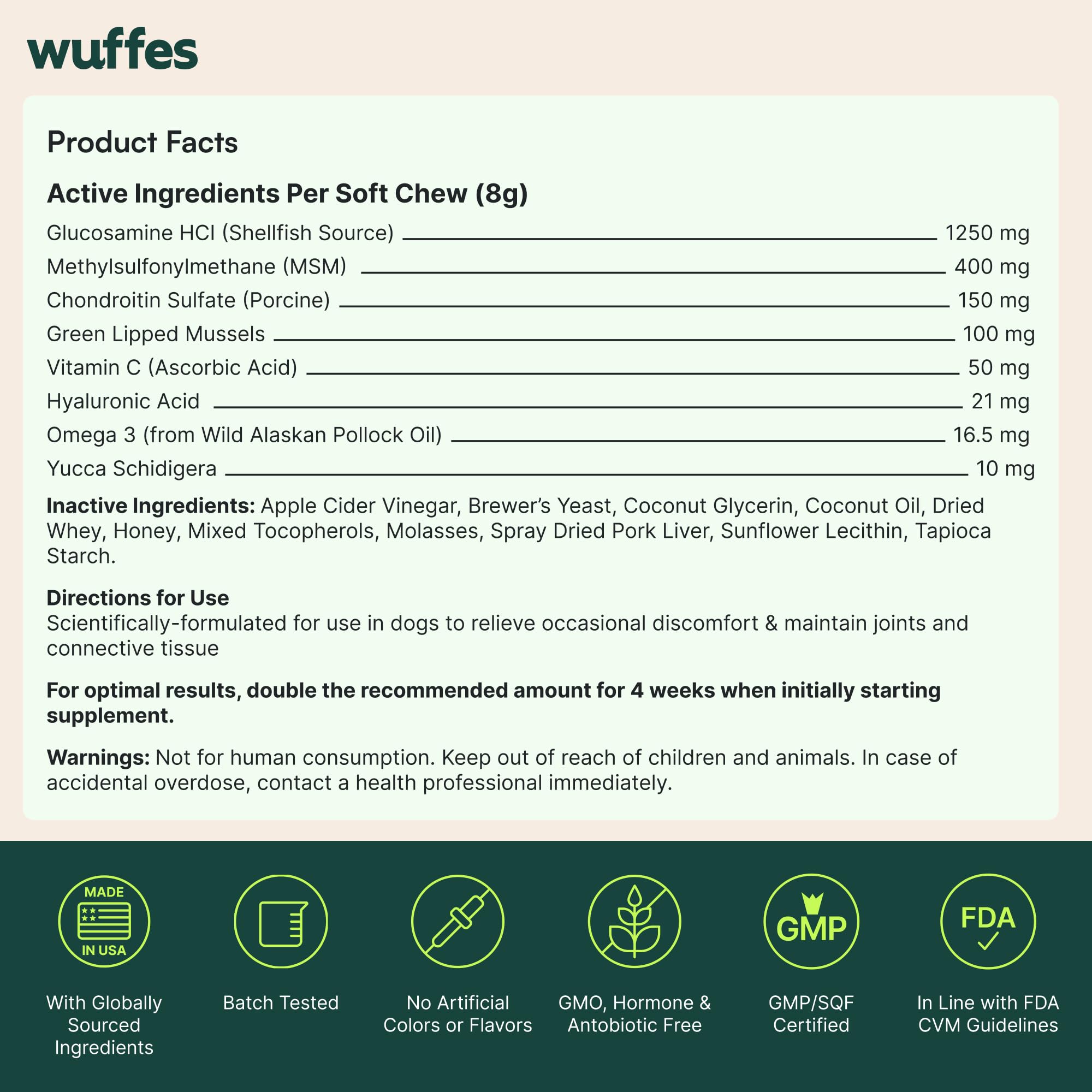 Wuffes bottle label highlights science-backed ingredients.