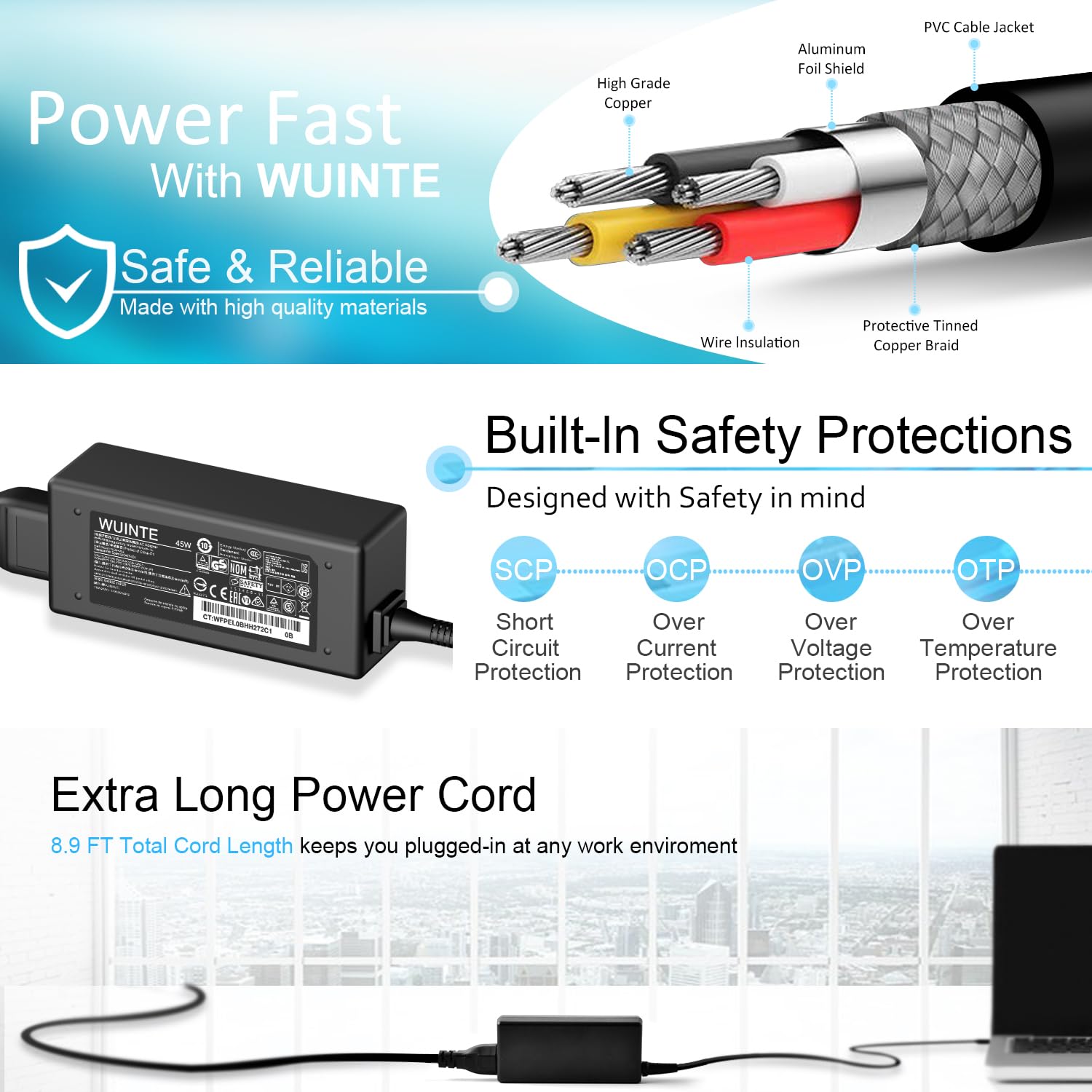 WUINTE 45W charger-compatible Chromebook setup shown in action.