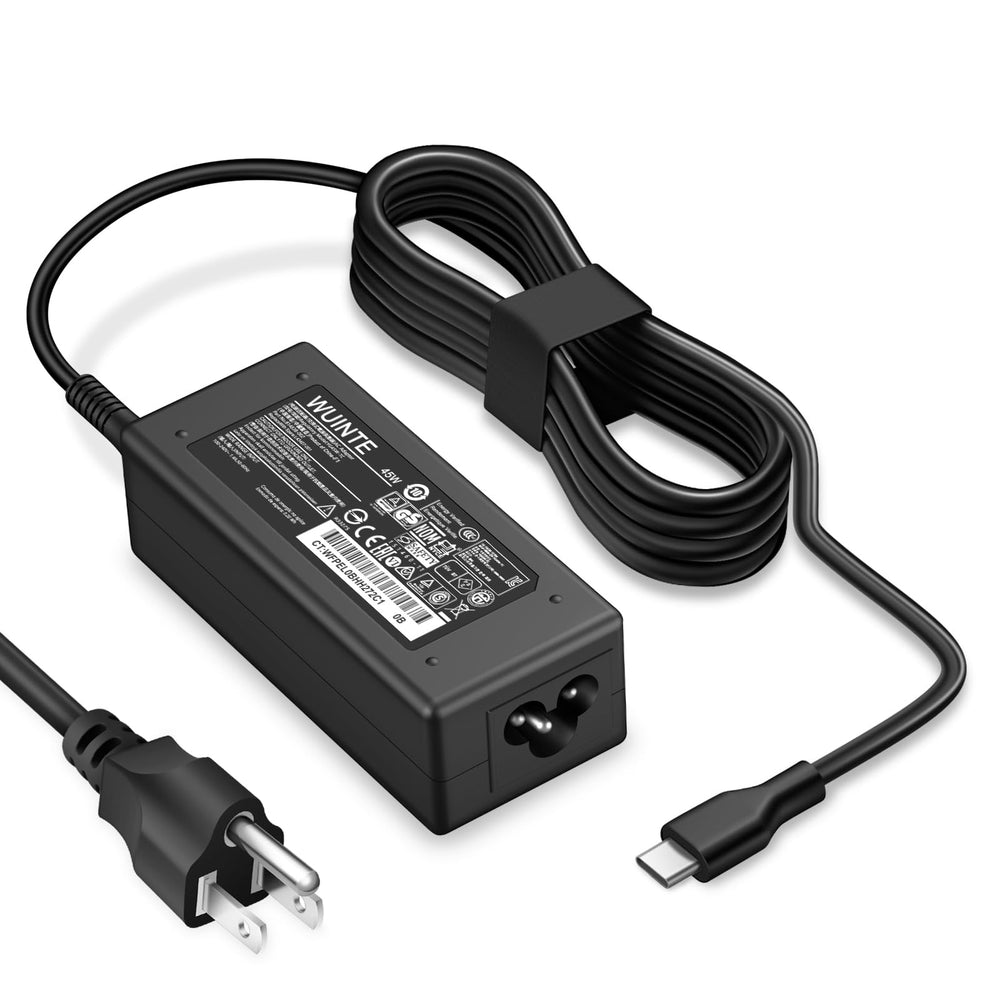 WUINTE 45W USB-C laptop charger on desk powering a notebook.
