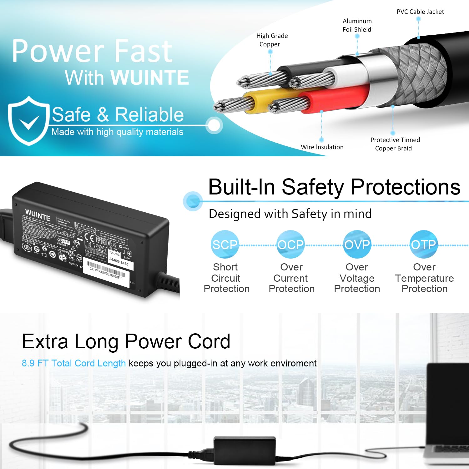 WUINTE charger compatibility list highlights Acer, Lenovo, HP Chromebooks.