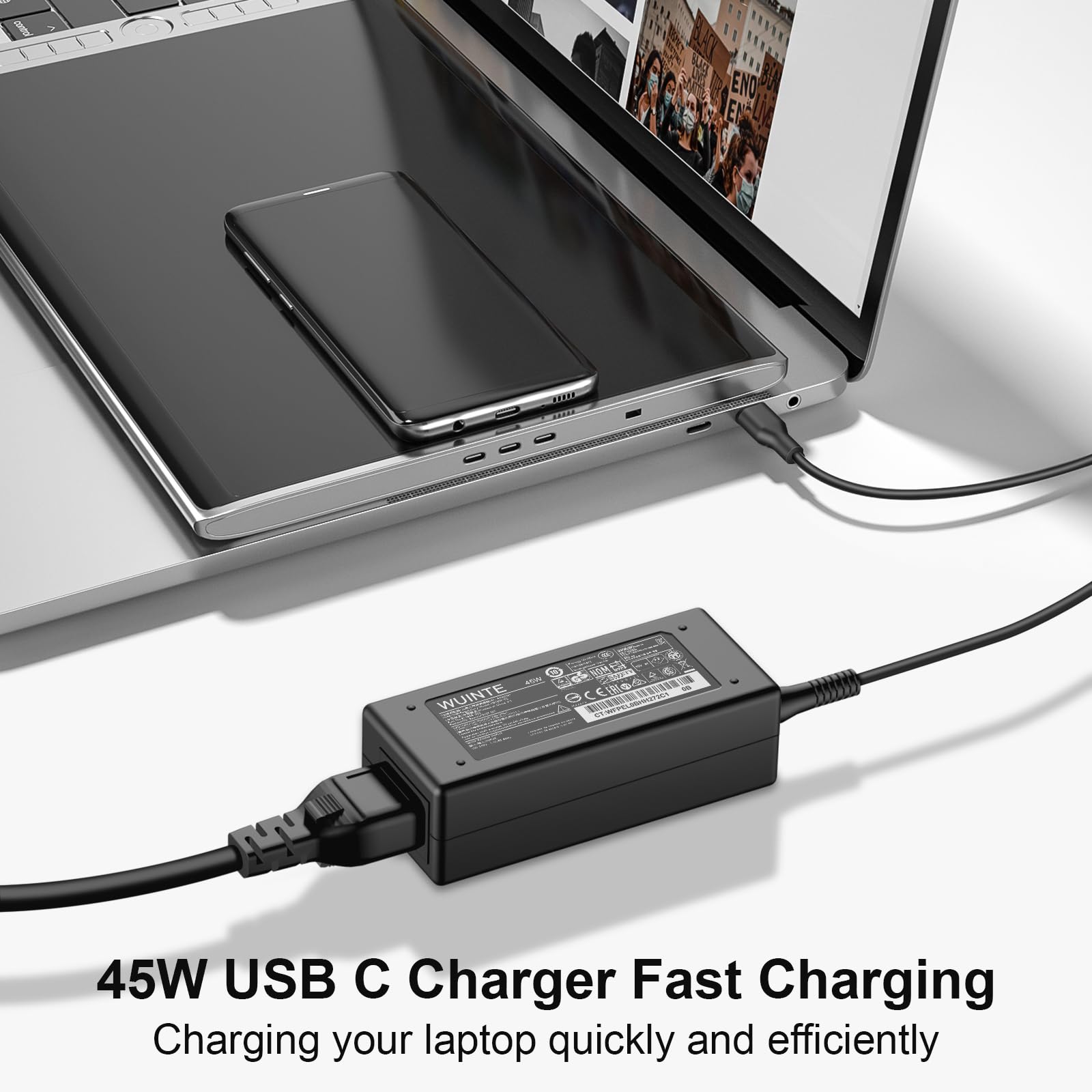 WUINTE USB-C charger demonstrates MacBook compatibility in use.