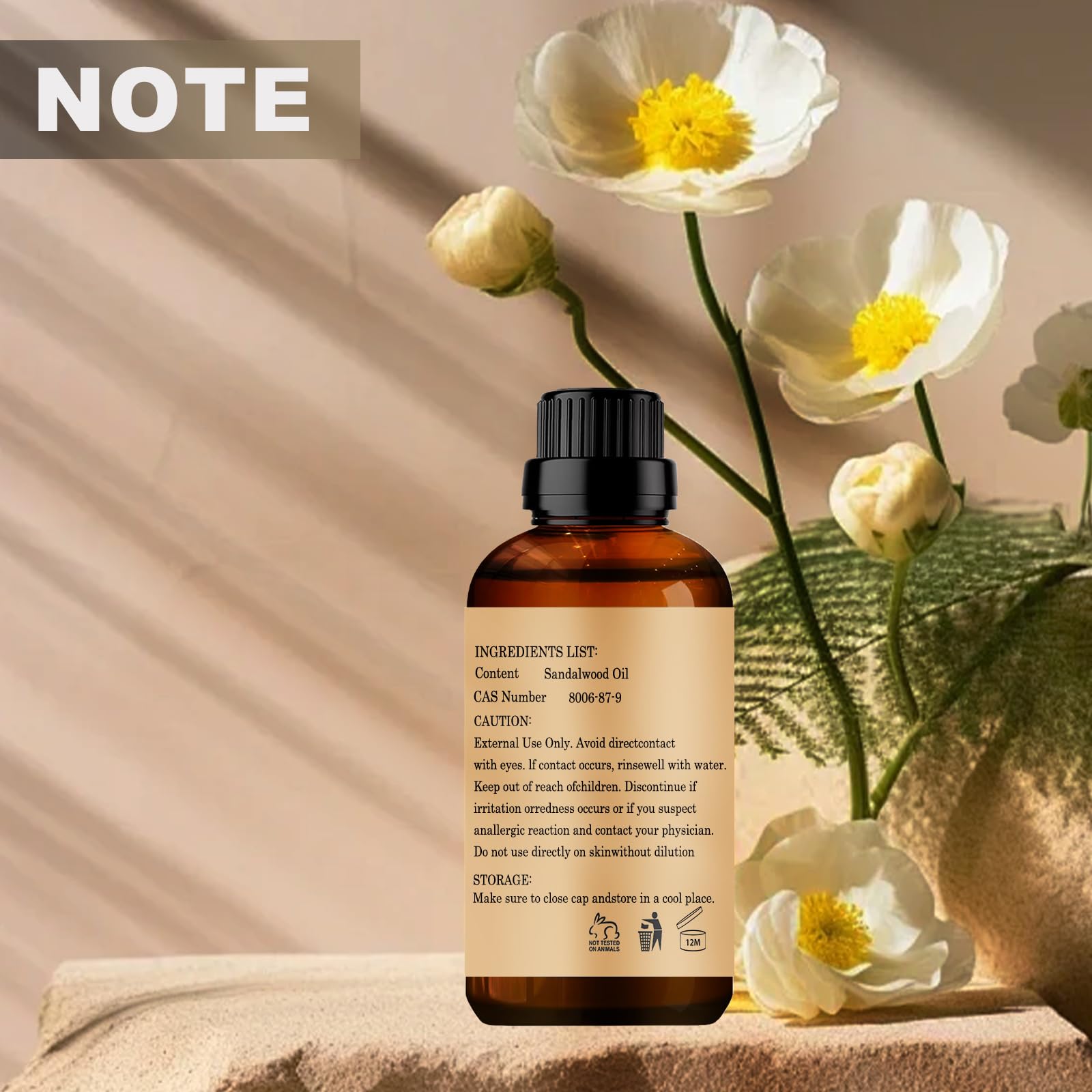 Wuvezrub sandalwood essential oil label highlights quality and additive-free promise.