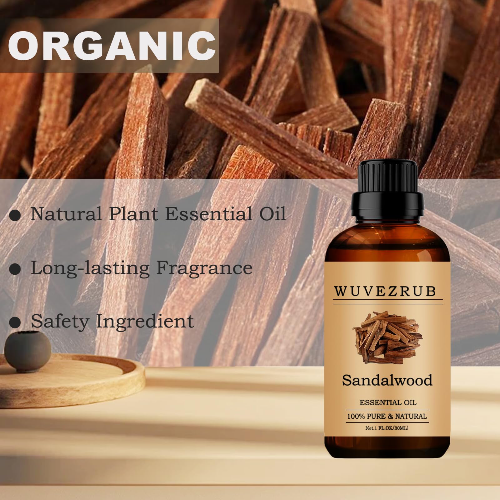 Wuvezrub sandalwood essential oil in a diffuser setup for calm spaces.