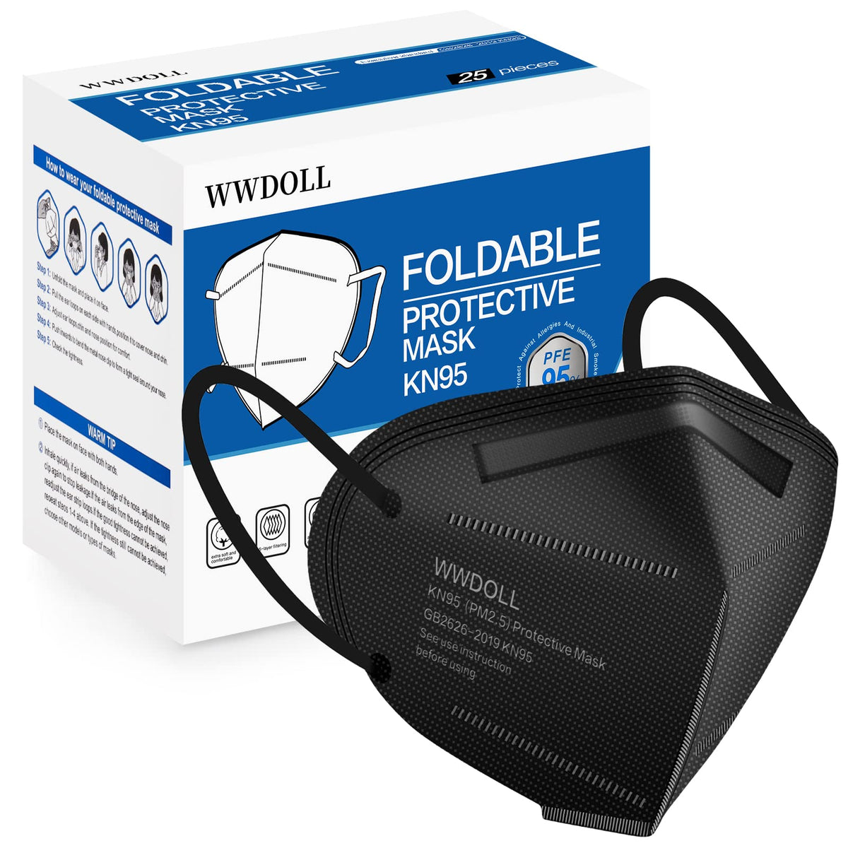 WWDOLL KN95 mask 25-pack in black for everyday protection