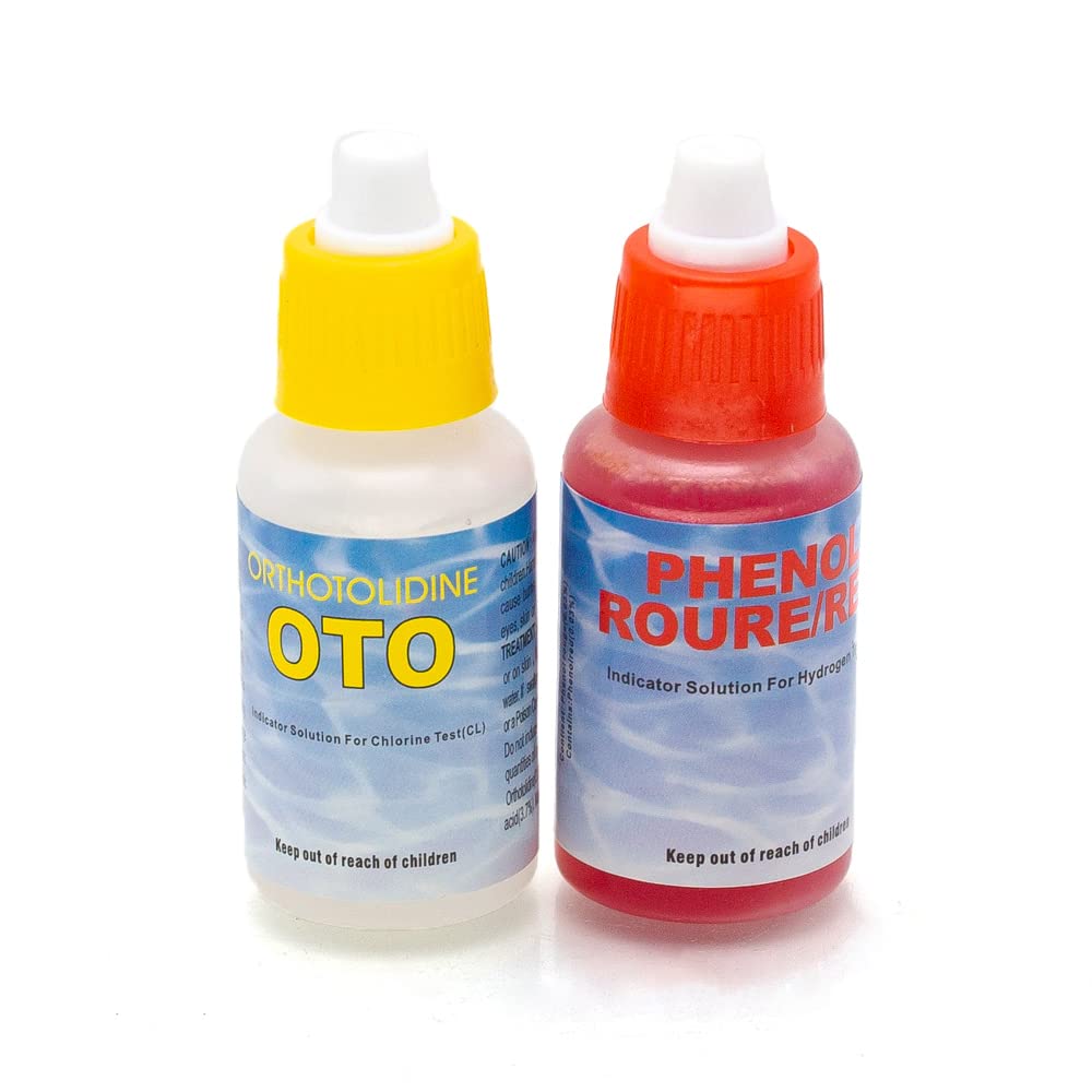 WWD POOL refill test kit bottle close-up for quick, accurate pool chemical checks