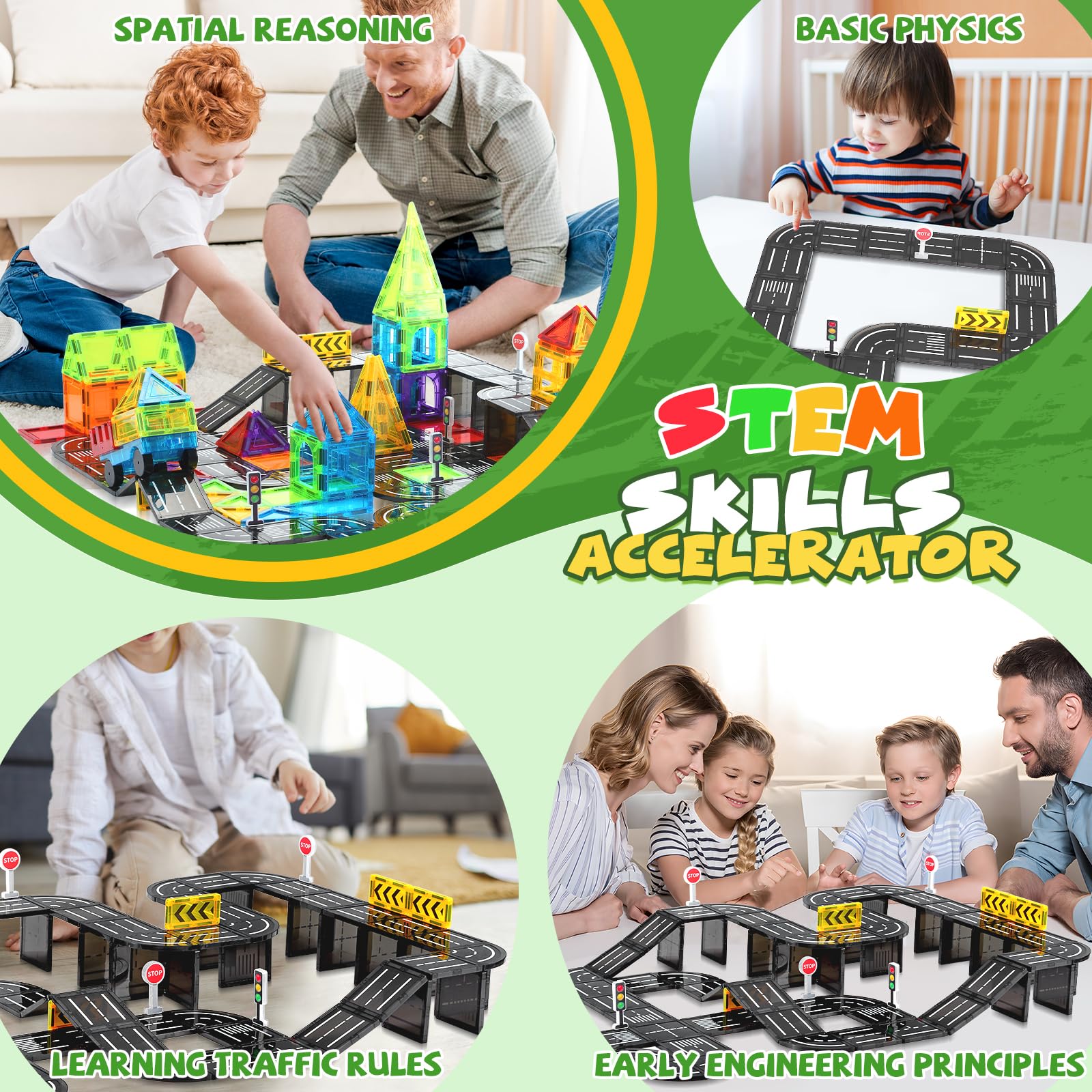 W WISE BLOCK road-network tiles boost fine-motor skills during constructive play.