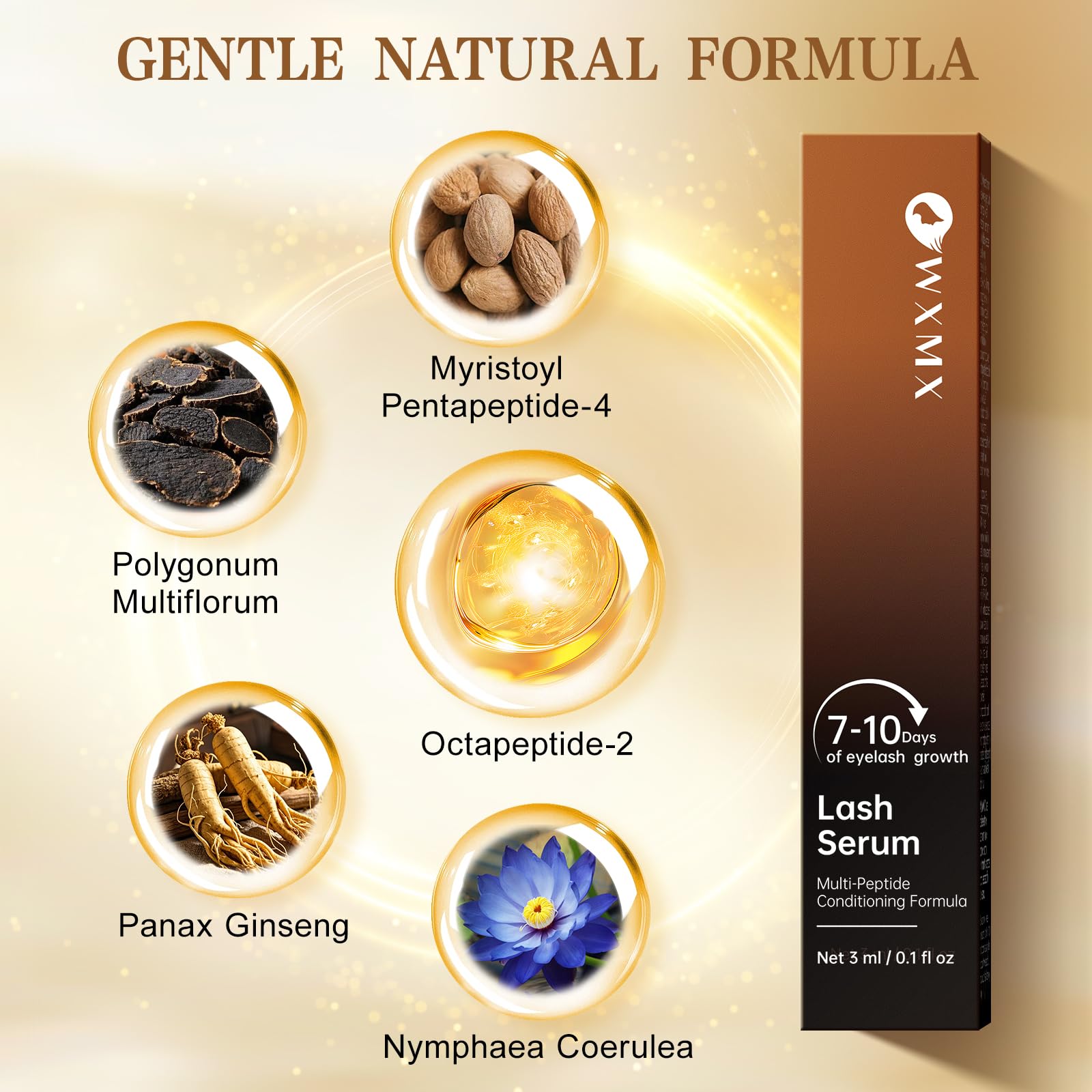 WXMX Nourishing botanical complex with Fo-Ti, Ginseng, Blue Lotus for lash vitality.