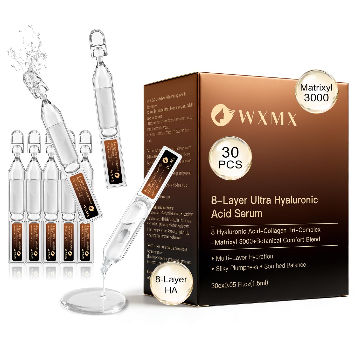 WXMX Ultra Hyaluronic Acid Serum bottle showing 8 HA forms for multi-layer hydration