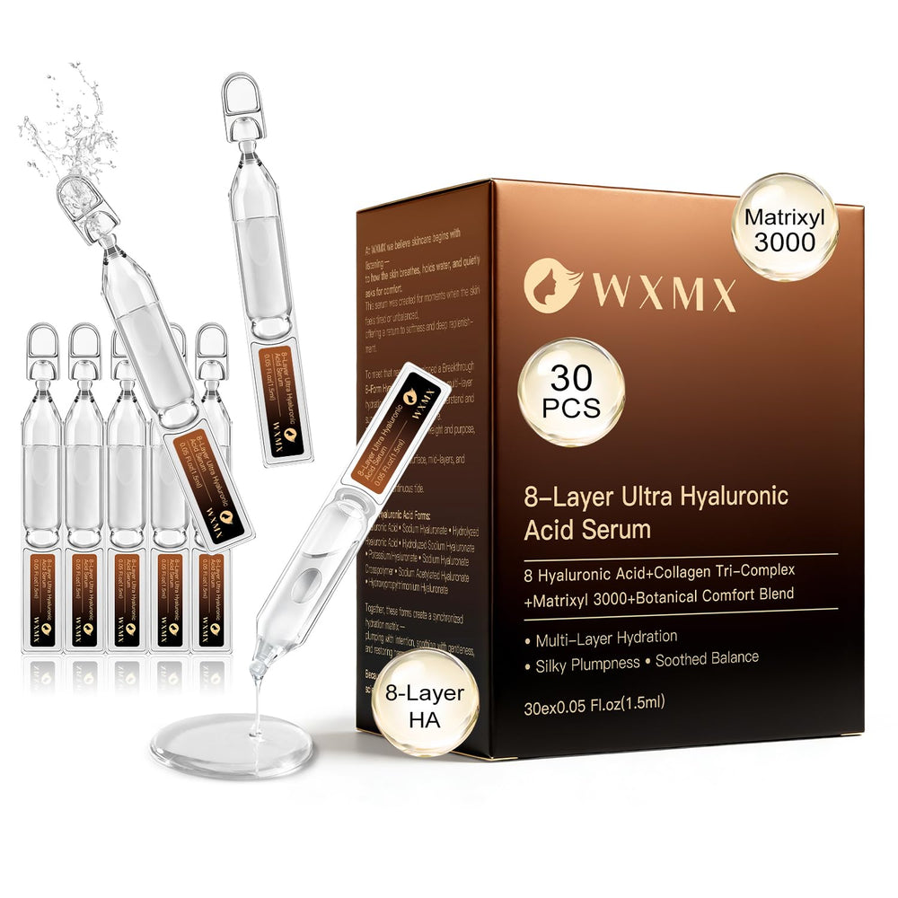 WXMX Ultra Hyaluronic Acid Serum bottle showing 8 HA forms for multi-layer hydration