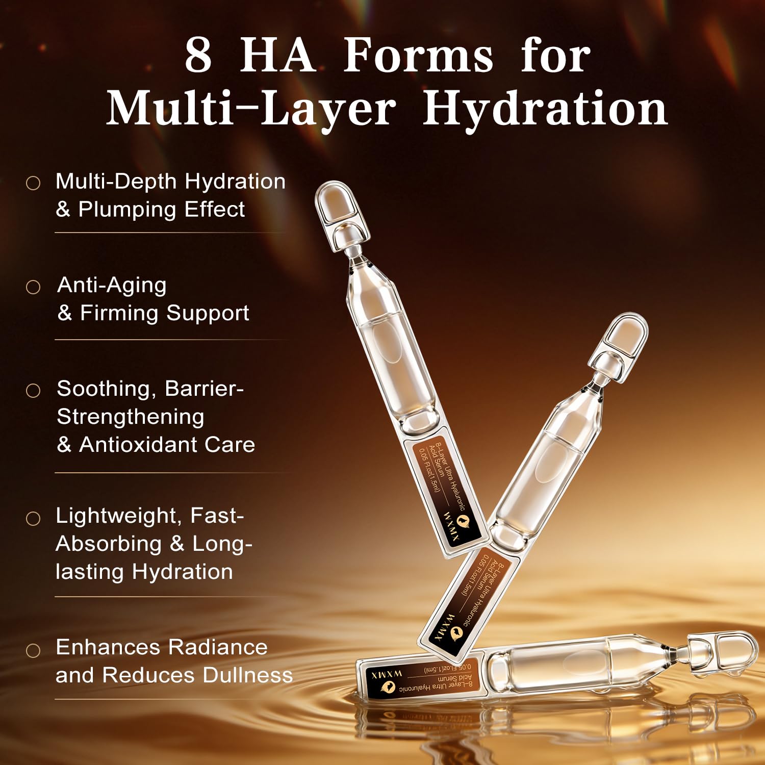 WXMX Ultra Hyaluronic Acid Serum bottle label featuring Niacinamide and Vitamin C for even tone