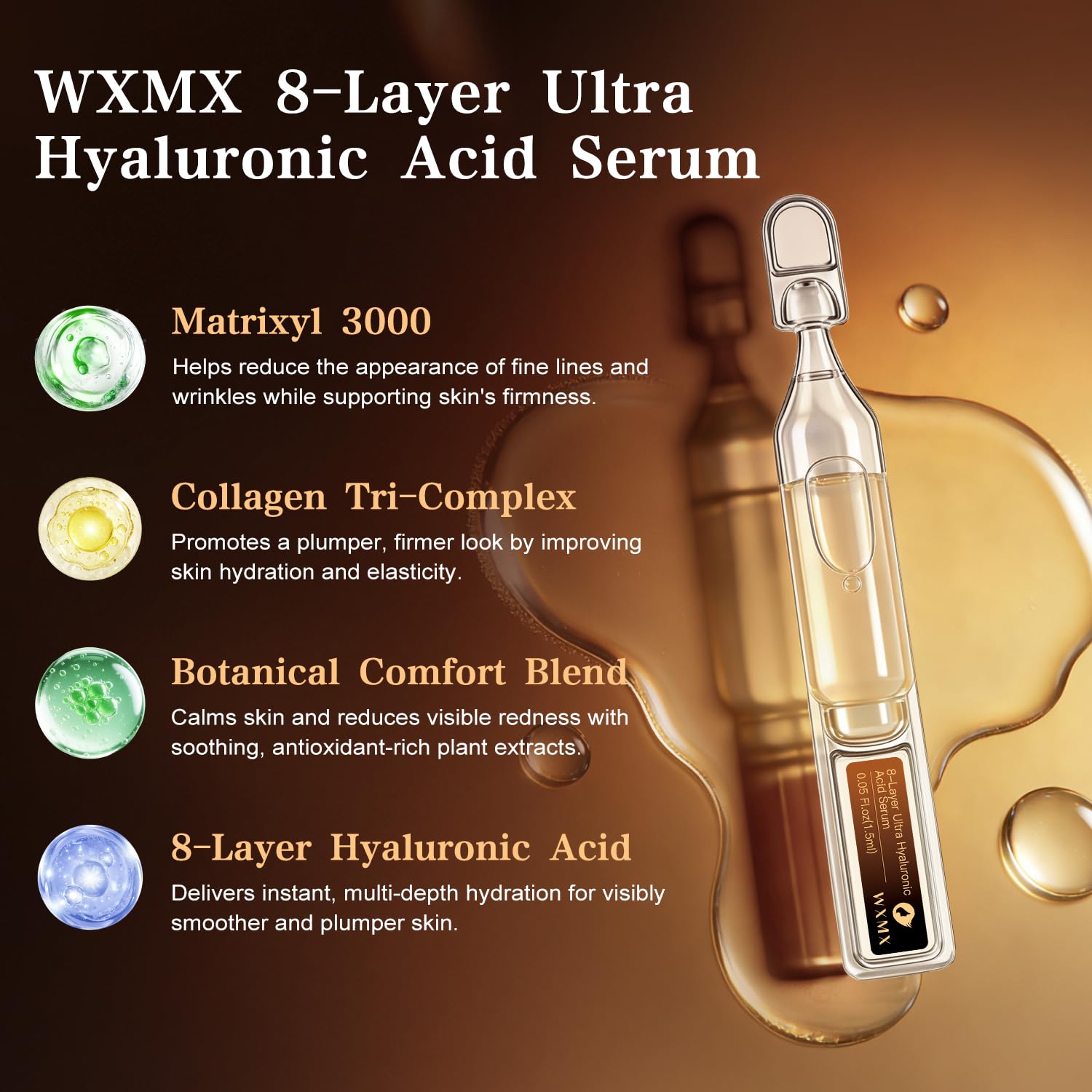 WXMX Ultra Hyaluronic Acid Serum packaging with botanical balance for calming skin