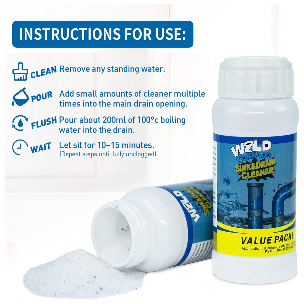 Illustration shows quick step-by-step drain cleaning with WYH Dredge.