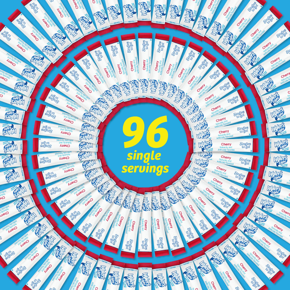 Case of Wyler's Light Cherry singles for on-the-go hydration in various settings.