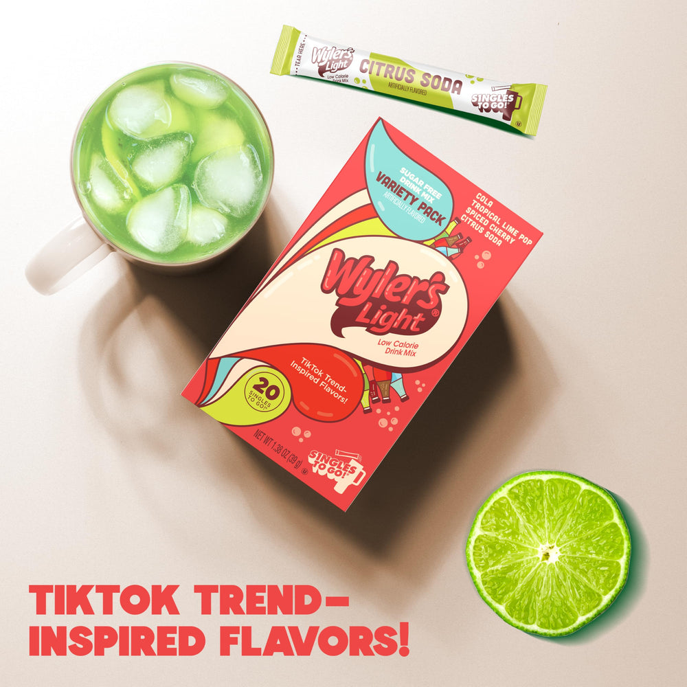 Wyler's Light Singles To Go pack front view for compact travel-friendly flavor.