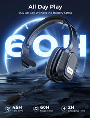Wyness headset showing 60 hours of playback on a full charge