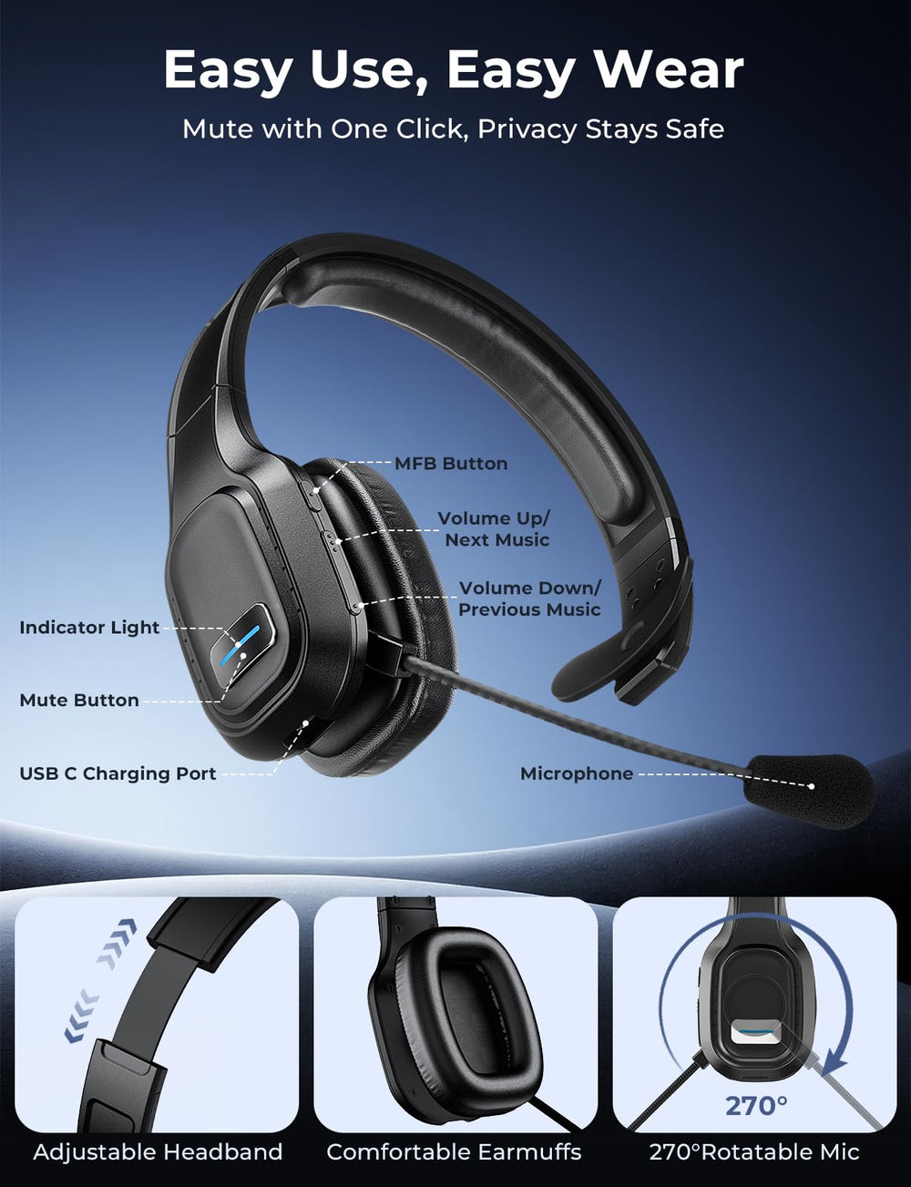 Wyness headset with one-touch controls for quick actions