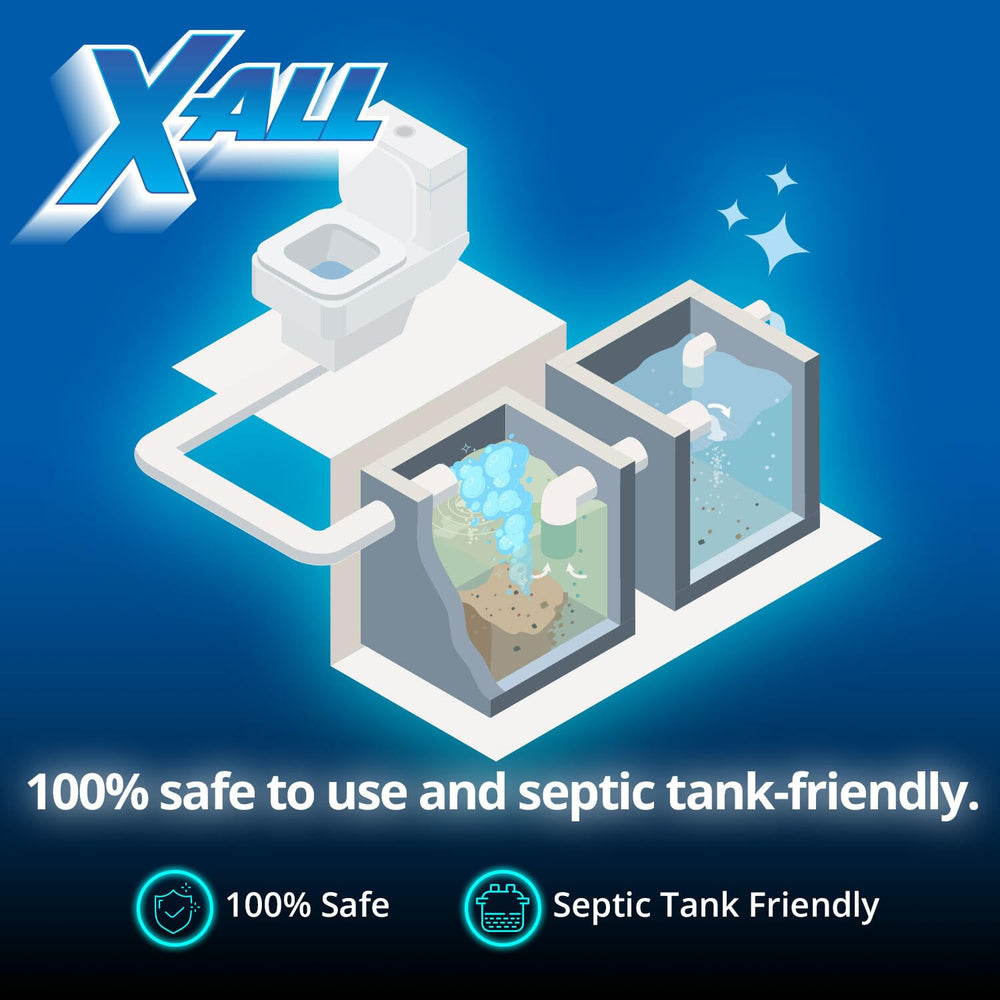 X-ALL safe-for-septic formula protects plumbing and homes.