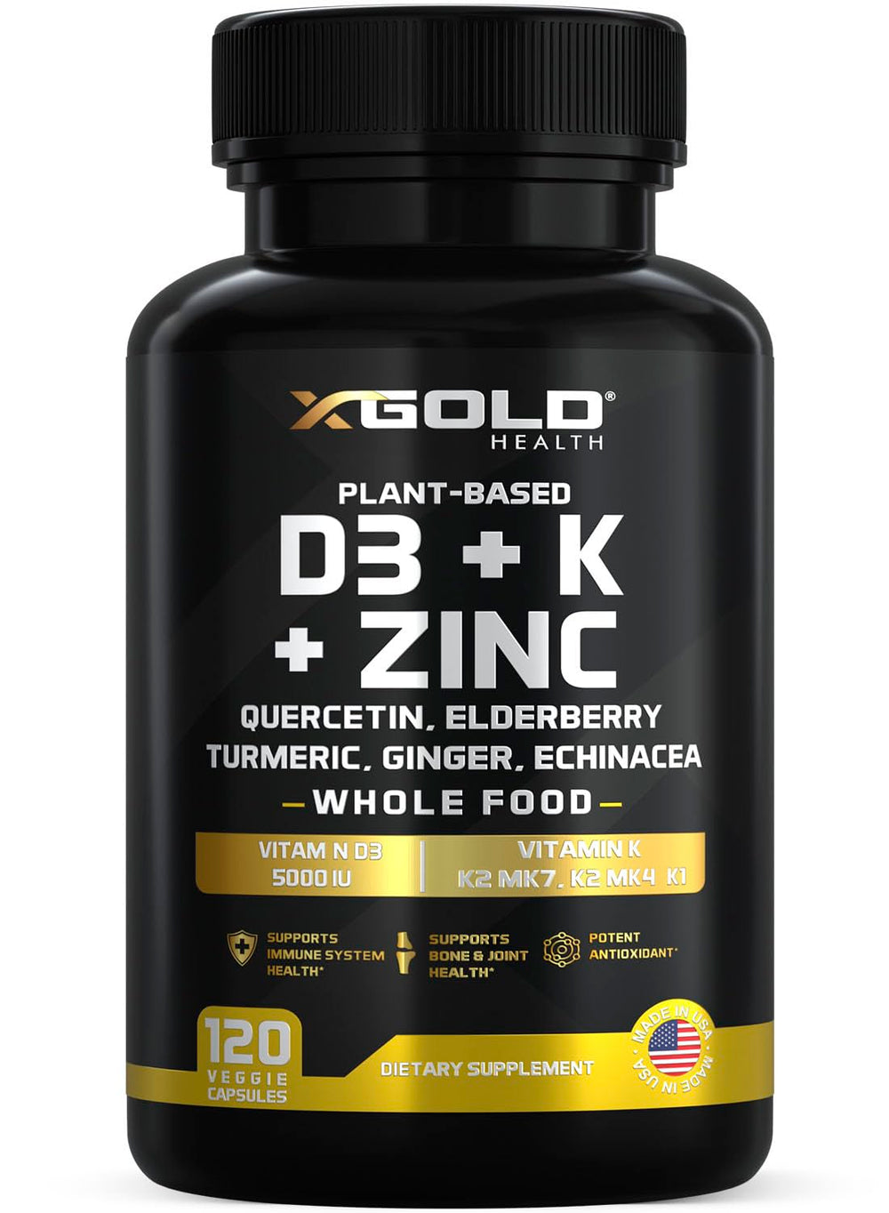 X Gold Health 8-in-1 bottle label highlighting daily wellness formula.