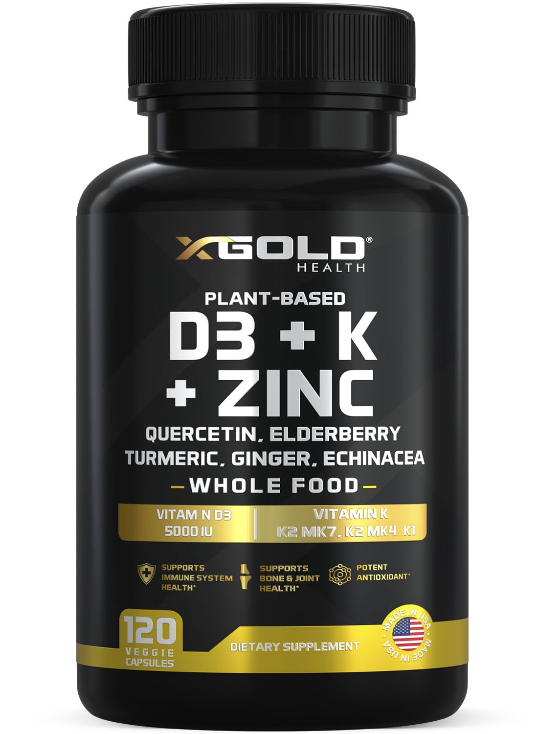 X Gold Health 8-in-1 bottle label highlighting daily wellness formula.