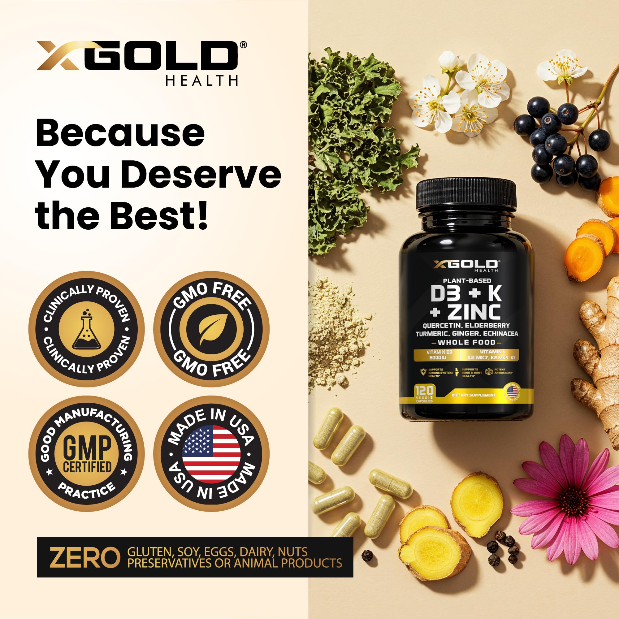 X Gold Health bottle side panel with ingredients and GMP badge.