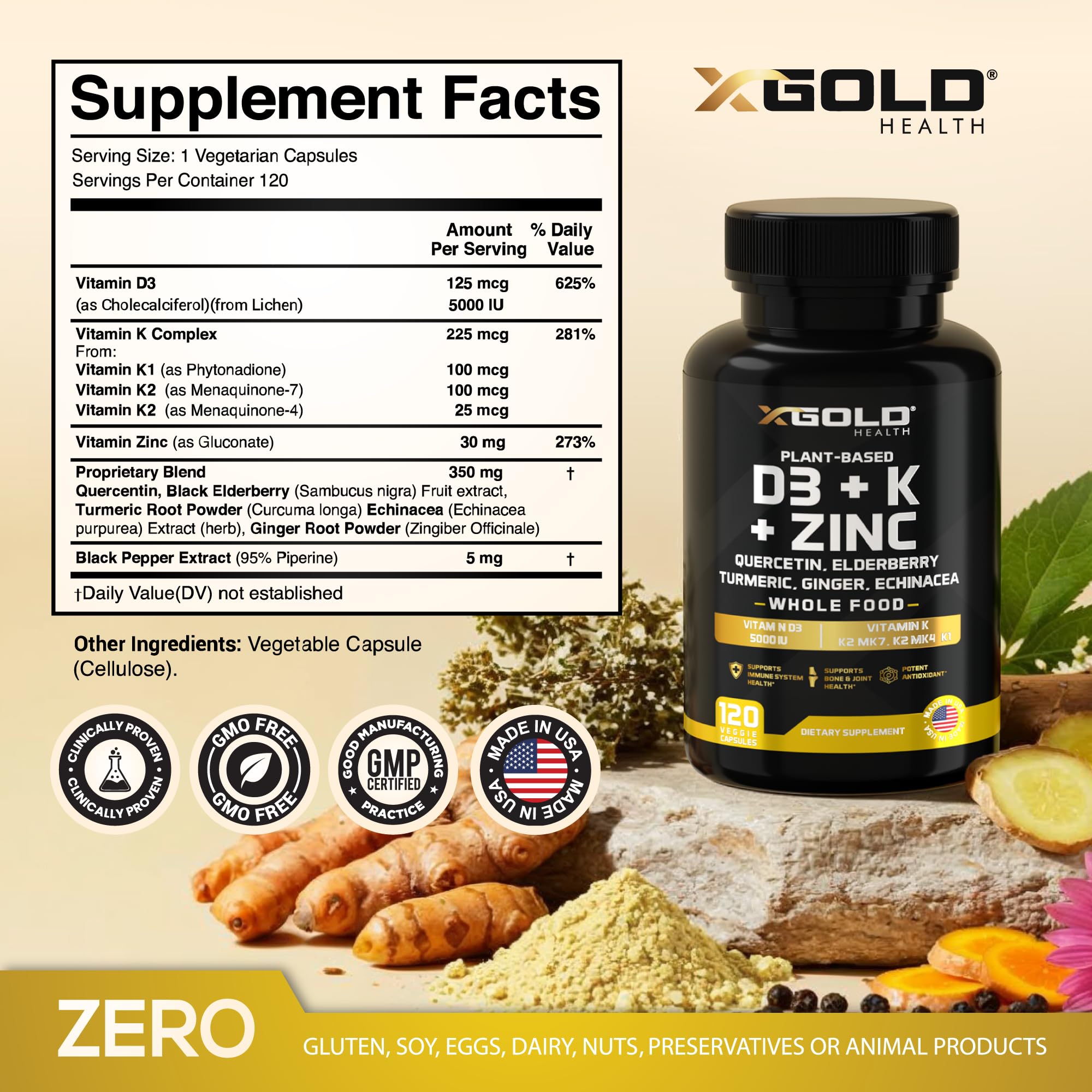 X Gold Health capsules featuring D3 and K2 in plant-based formula.