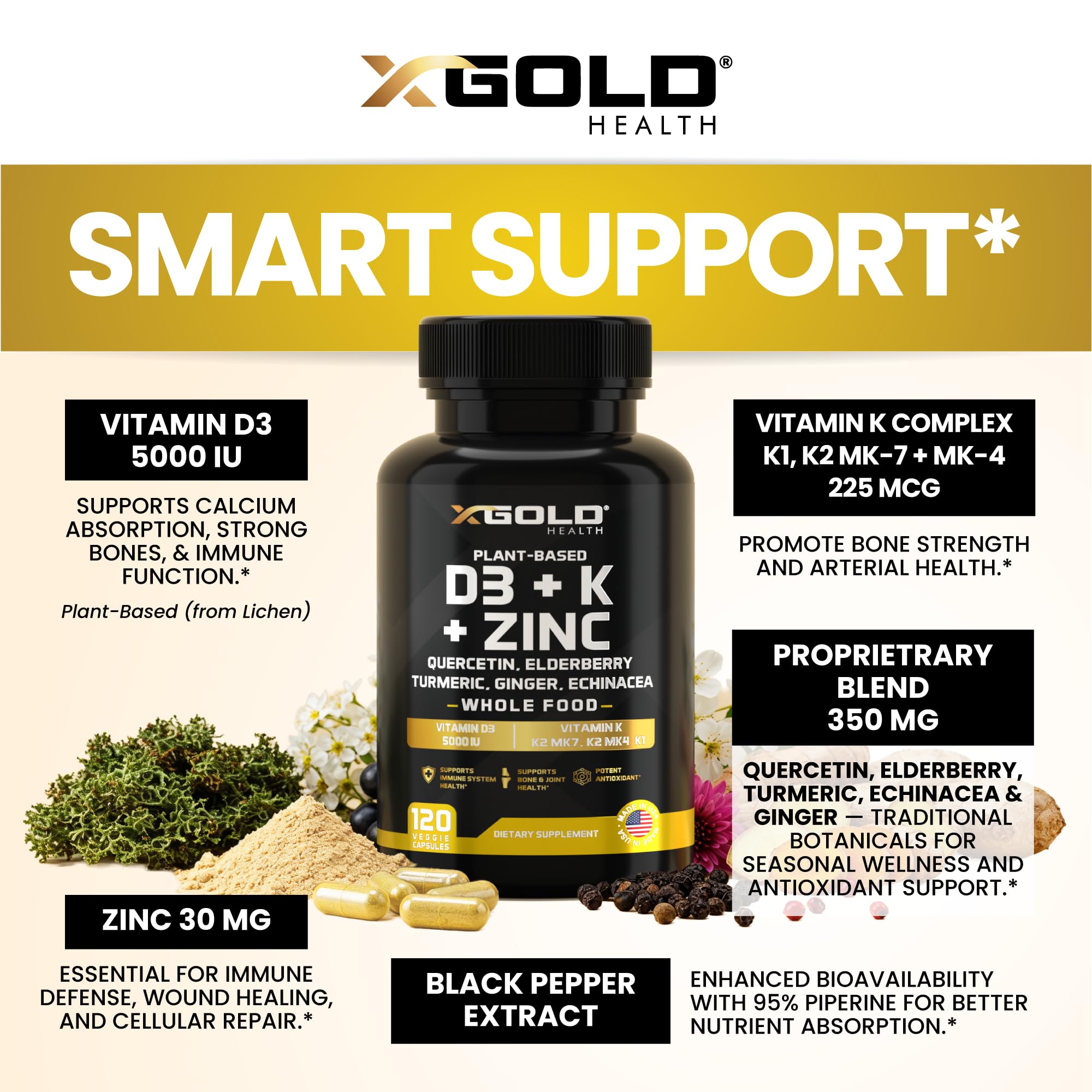 X Gold Health elderberry-turmeric-ginger blend capsules for daily wellness.