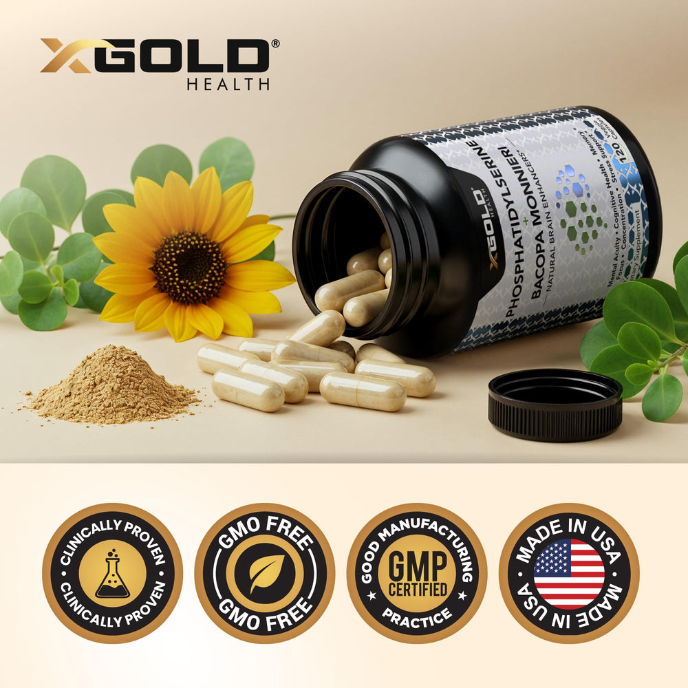 X Gold Health label emphasizes 400 mg PS and 400 mg Bacopa per serving.