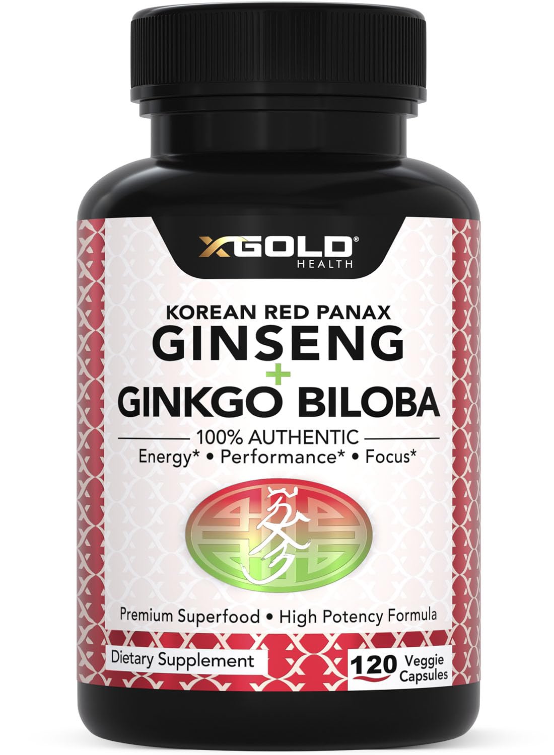 X Gold Health bottle with label highlights Korean Red Panax Ginseng for energy